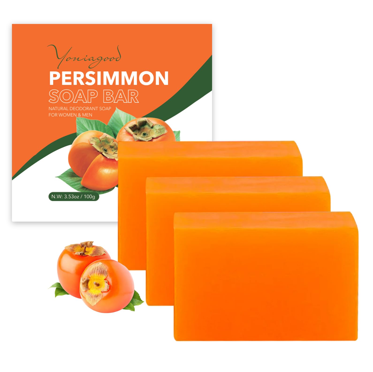 3 Pack Natural Persimmon Soap Bars for Body Odor Control - Organic Deodorant Soap for Men & Women - Eliminates Old People Smell & Unpleasant Odors - Perfect for Daily Shower, Gym, Travel & Sensitive Skin Care