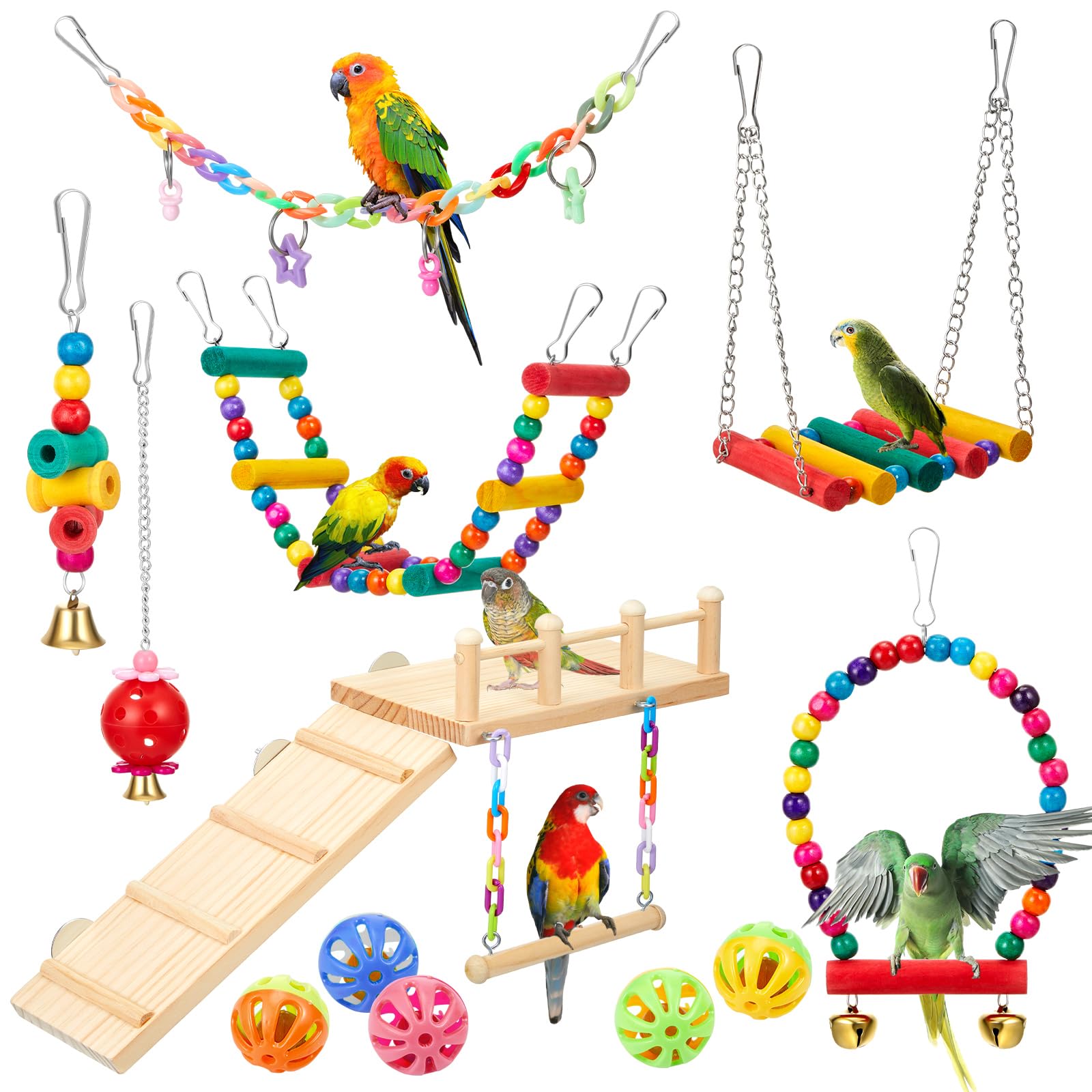 12 Pcs Cockatiel Bird Toys for Conures & Parakeets - Colorful Parrot Perches, Ladders & Cage Accessories - Hanging, Swinging, Chewing & Climbing Toys for Training - Perfect for Bird Cage Enrichment & Playtime Activities