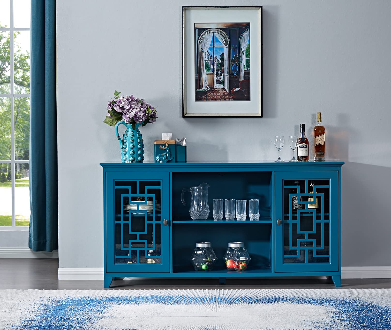 60 Inch Buffet Cabinet with Storage - Modern Sideboard with 2 Doors & Adjustable Shelf, Accent Storage Cabinet for Kitchen, Dining Room, Entryway or Living Room - Perfect for Holiday Entertaining & Daily Storage (Blue)