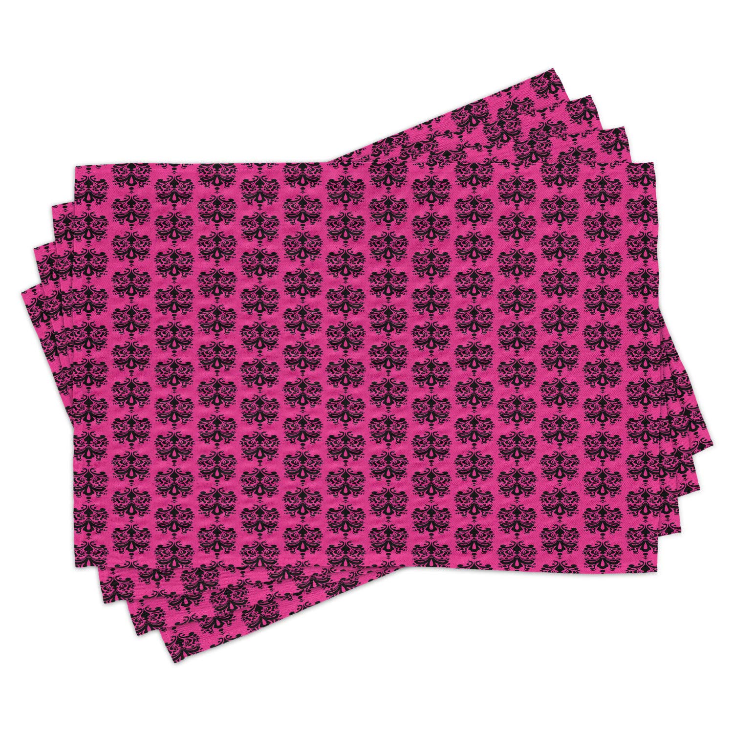 Ambesonne 4-Piece Hot Pink Placemats Set - Oriental Black Damask Design on Pink Backdrop - Washable Fabric Table Mats for Dining Room & Kitchen Decor - Perfect for Asian-Themed Dinner Parties & Holiday Gatherings