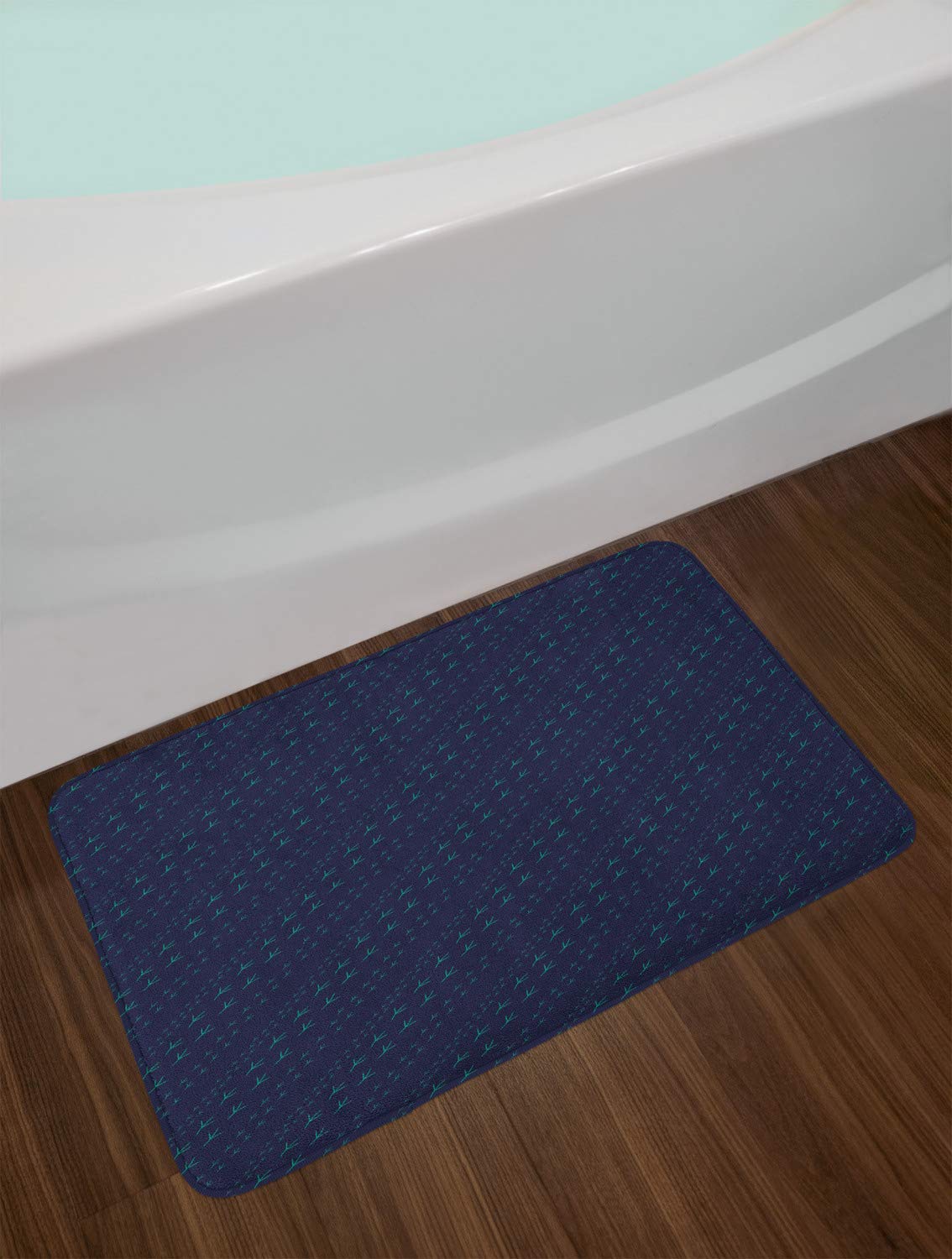 Ambesonne Abstract Bath Mat - Non-Slip Plush Bathroom Rug with Green Bird Footprint Design on Navy Blue & Teal Background, 30.2