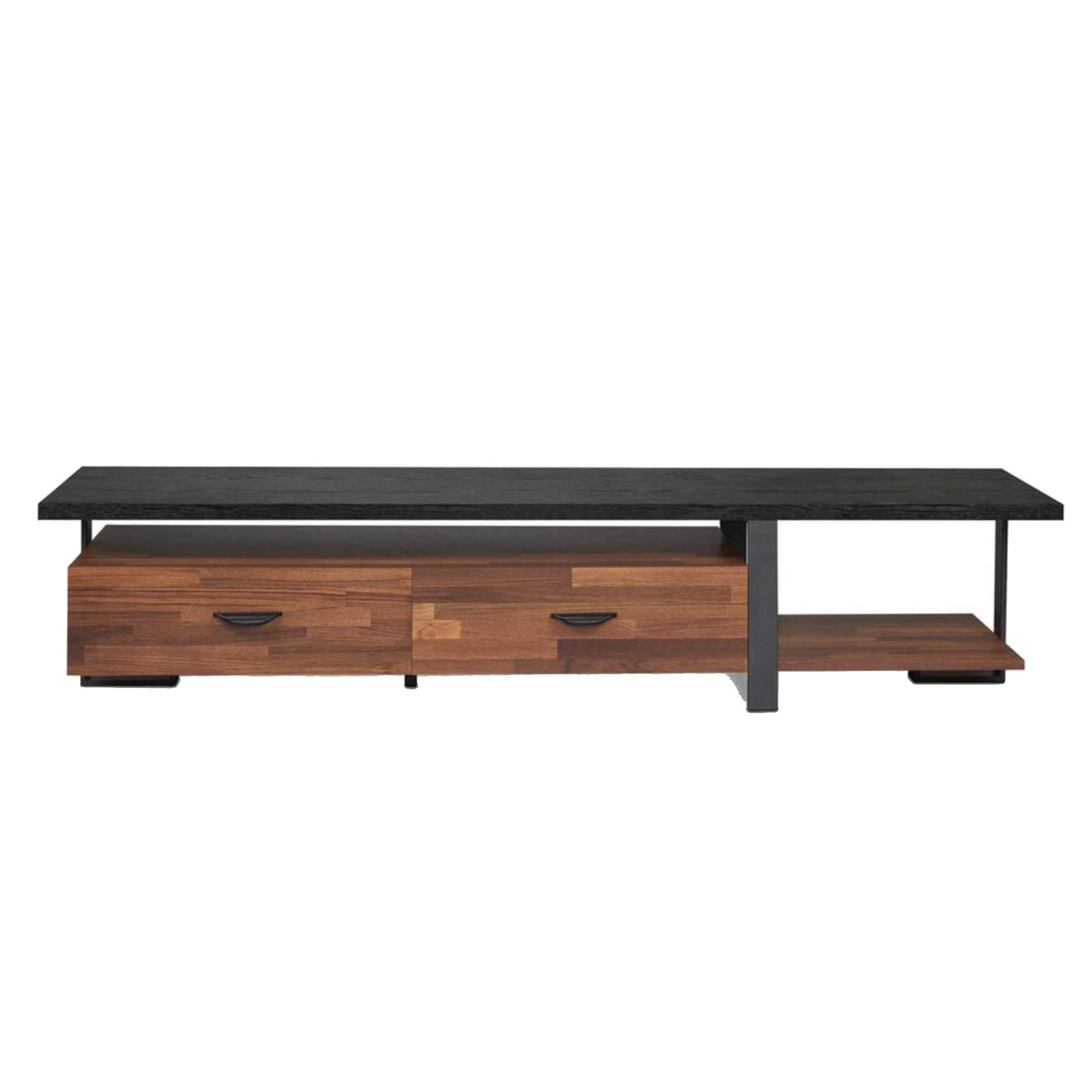 Benjara Modern TV Stand with Metal Frame & Wooden Top - 2 Drawers & Open Shelf - Black & Brown - Perfect for Living Room, Bedroom & Home Theater Setup