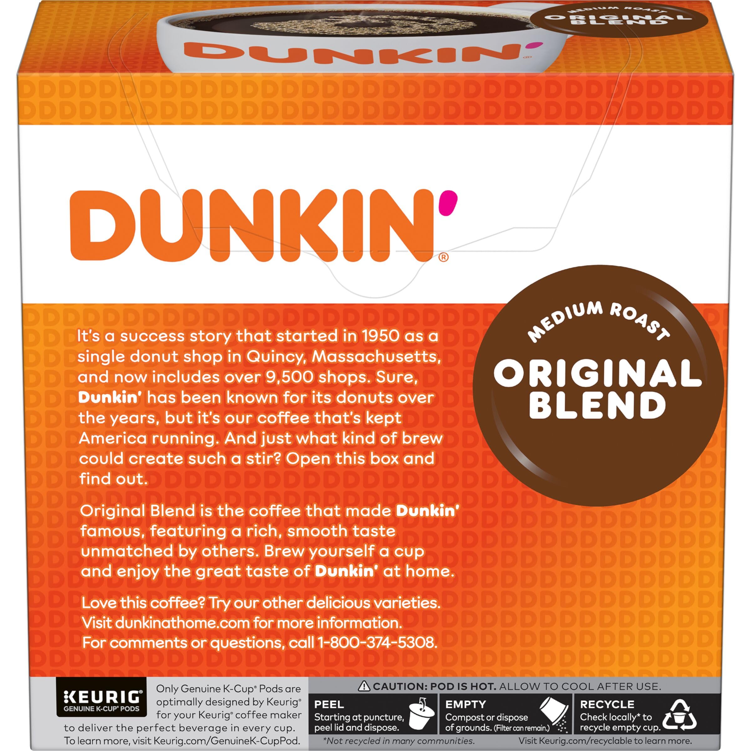 Dunkin' Original Blend Medium Roast Coffee Pods - 128 Count Keurig K-Cup Compatible for Single Serve Brewers | Perfect for Home, Office & Morning Coffee Routine