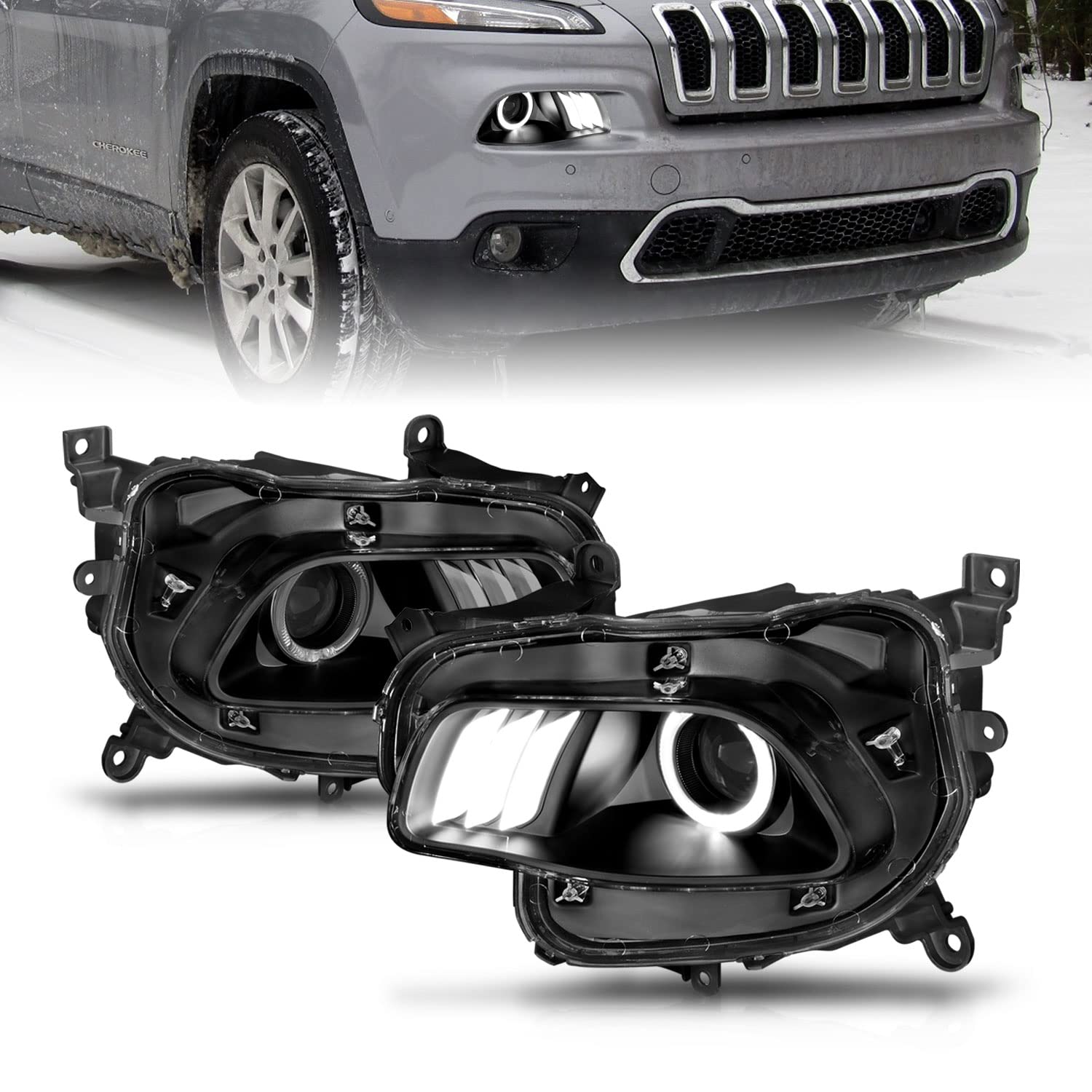 2014-2018 Jeep Cherokee KL LED Halo Projector Headlights - Black Replacement Set (Driver & Passenger Side) | AmeriLite High-Performance Headlamps for Enhanced Night Driving & Off-Road Adventures
