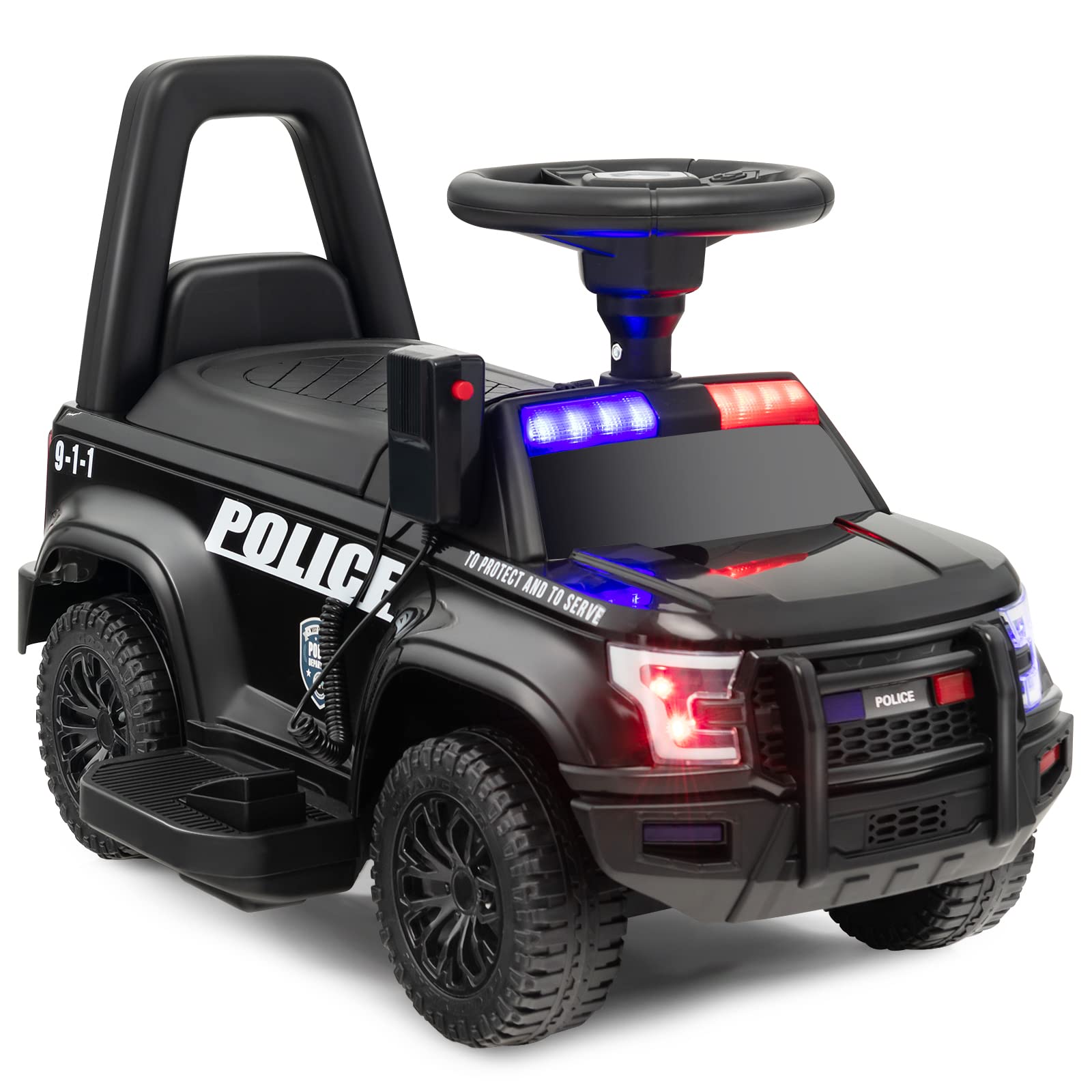 COSTWAY 6V Kids Electric Police Car with Side Megaphone, Horn, Alarm Light & Siren Sound - Wide Footrest Battery-Powered Ride-On Toy Vehicle for Children Ages 1.5-5 Years (Black) | Perfect for Outdoor Play, Birthday Gifts & Pretend Police Adventures