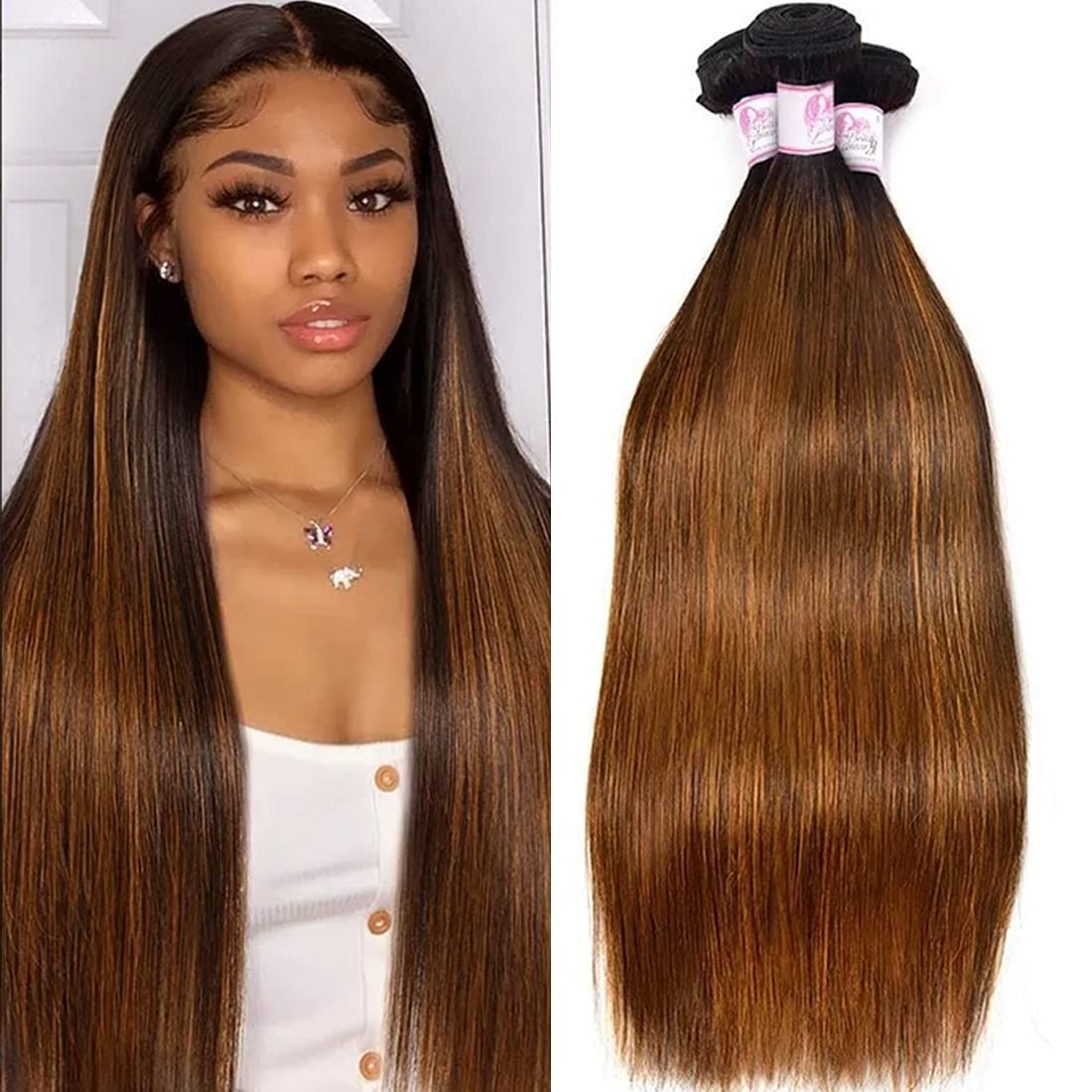 Beauty Forever Malaysian Straight Virgin Human Hair Weaves - 3 Bundles #FB30 Balayage Ombre Hair Extensions (20/22/24 Inch) for Styling & Volume - Perfect for Daily Wear, Parties & Special Occasions