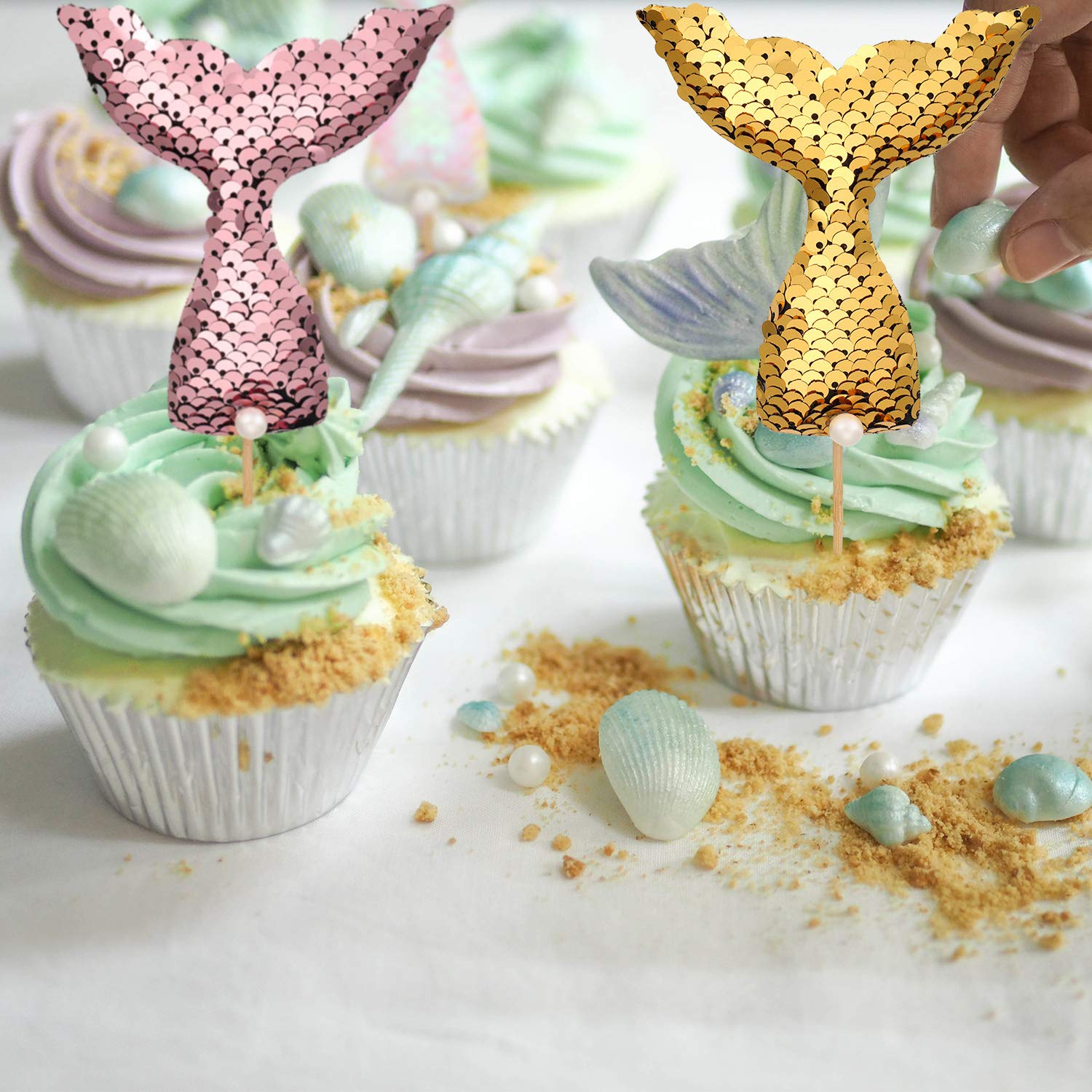 12-Piece Mermaid Cupcake Toppers - Sequin Under the Sea Cake Decorations with Mermaid Tail Toothpicks for Birthday, Wedding & Party Favors - Perfect for Ocean-Themed Celebrations and Dessert Displays