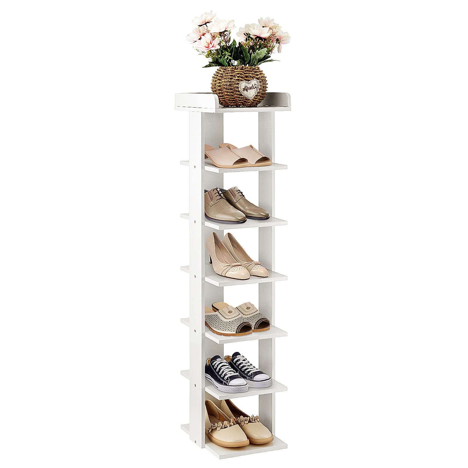 7-Tier Narrow Shoe Rack Organizer - Tall Vertical Shoe Storage Cabinet, Slim Wooden Shelf for Entryway, Hallway & Closet - Quick Assembly Free Standing Shoe Tower (White) - Perfect for Small Spaces & Apartment Living