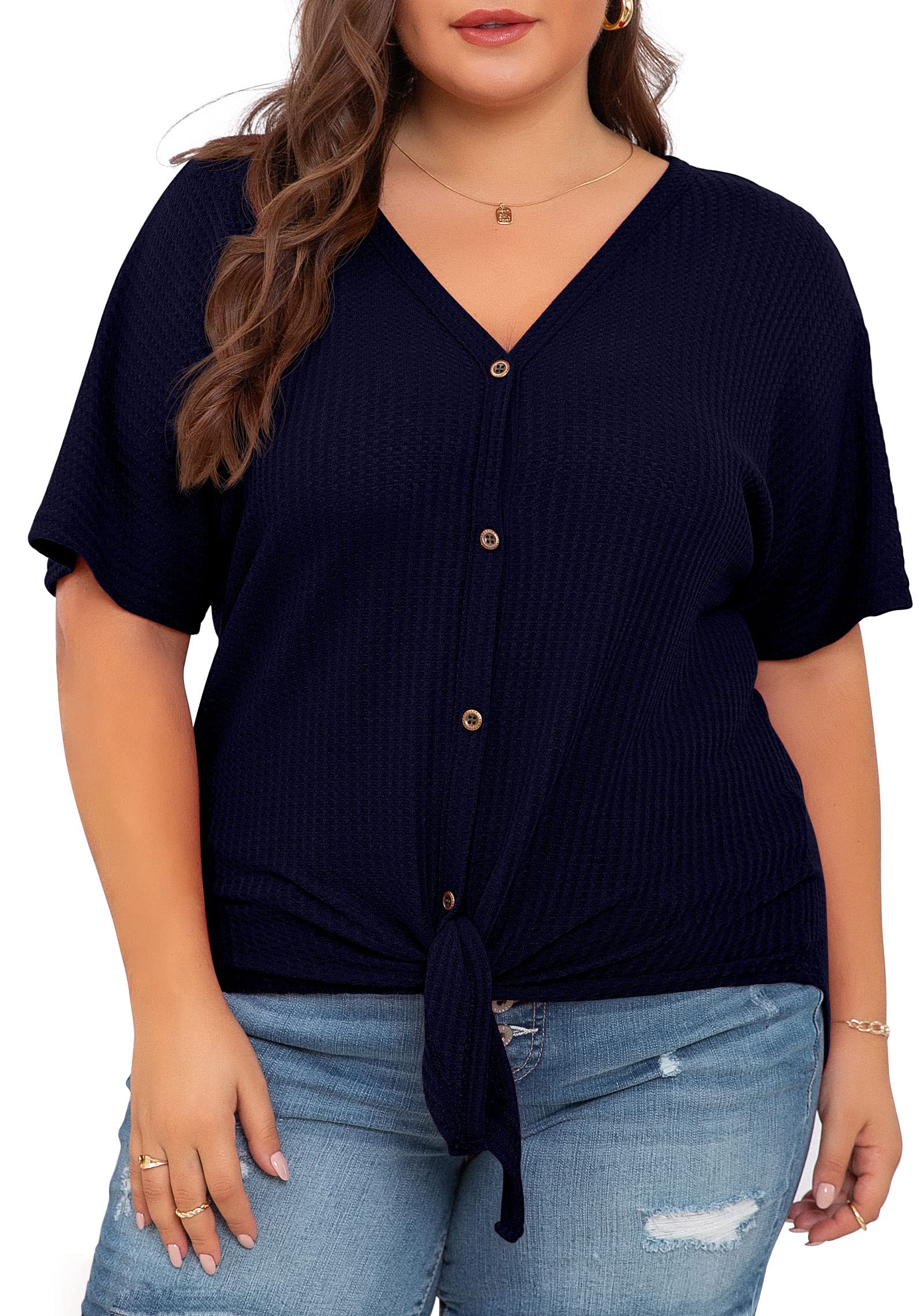 OLRIK Women's Plus Size Short Sleeve V-Neck Waffle Knit Tunic Blouse - Tie Front Button Up T-Shirt for Casual Wear & Office Outfits