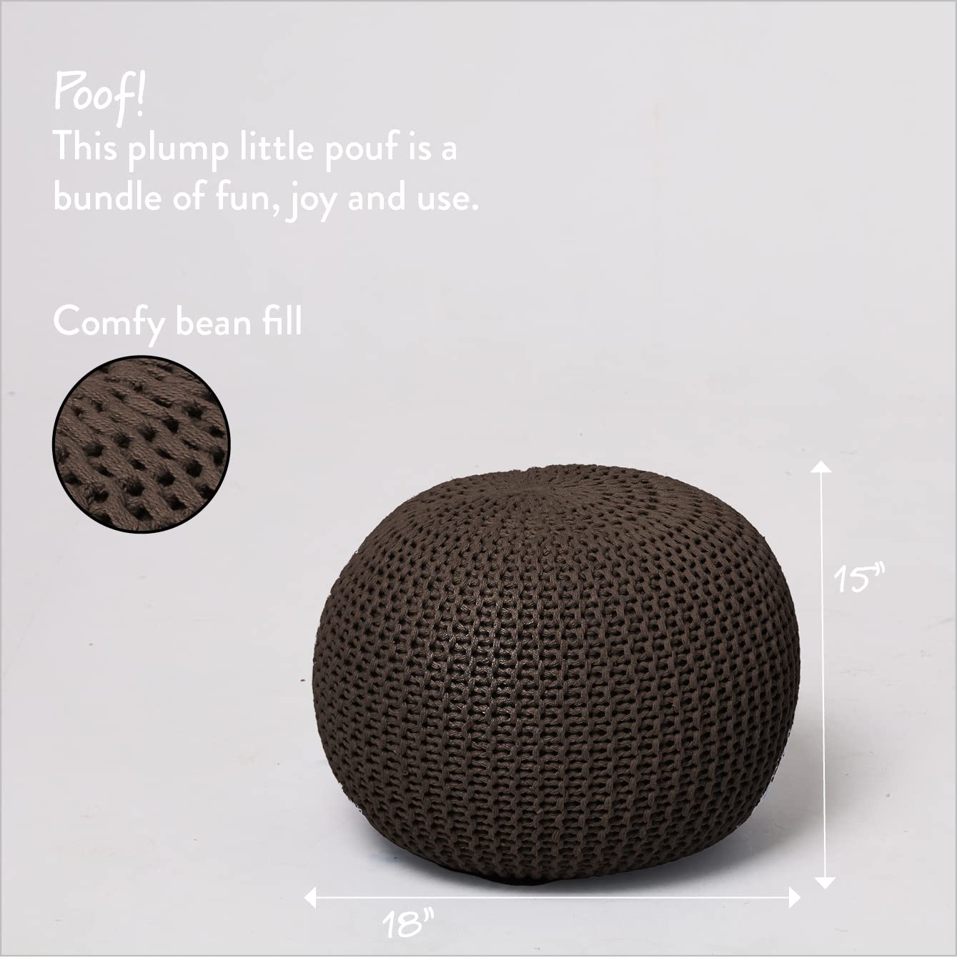 Hand Woven Cotton Round Knit Pouf - Brown Boho Chic Ottoman for Living Room, Bedroom & Nursery - Perfect Footrest, Extra Seating & Stylish Home Decor