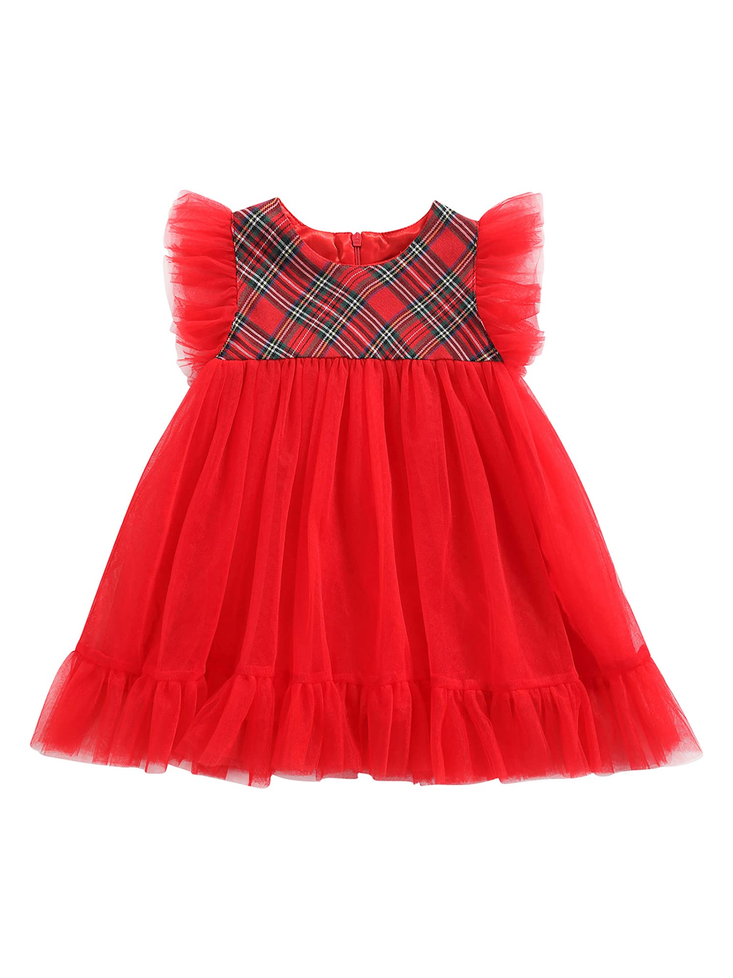 Christmas Baby Girls Dress - Ruffle Sleeve Plaid Patchwork Tulle Tutu Dress for Toddlers 1-6 Years | Princess Party Outfit for Holiday Photos & Special Occasions