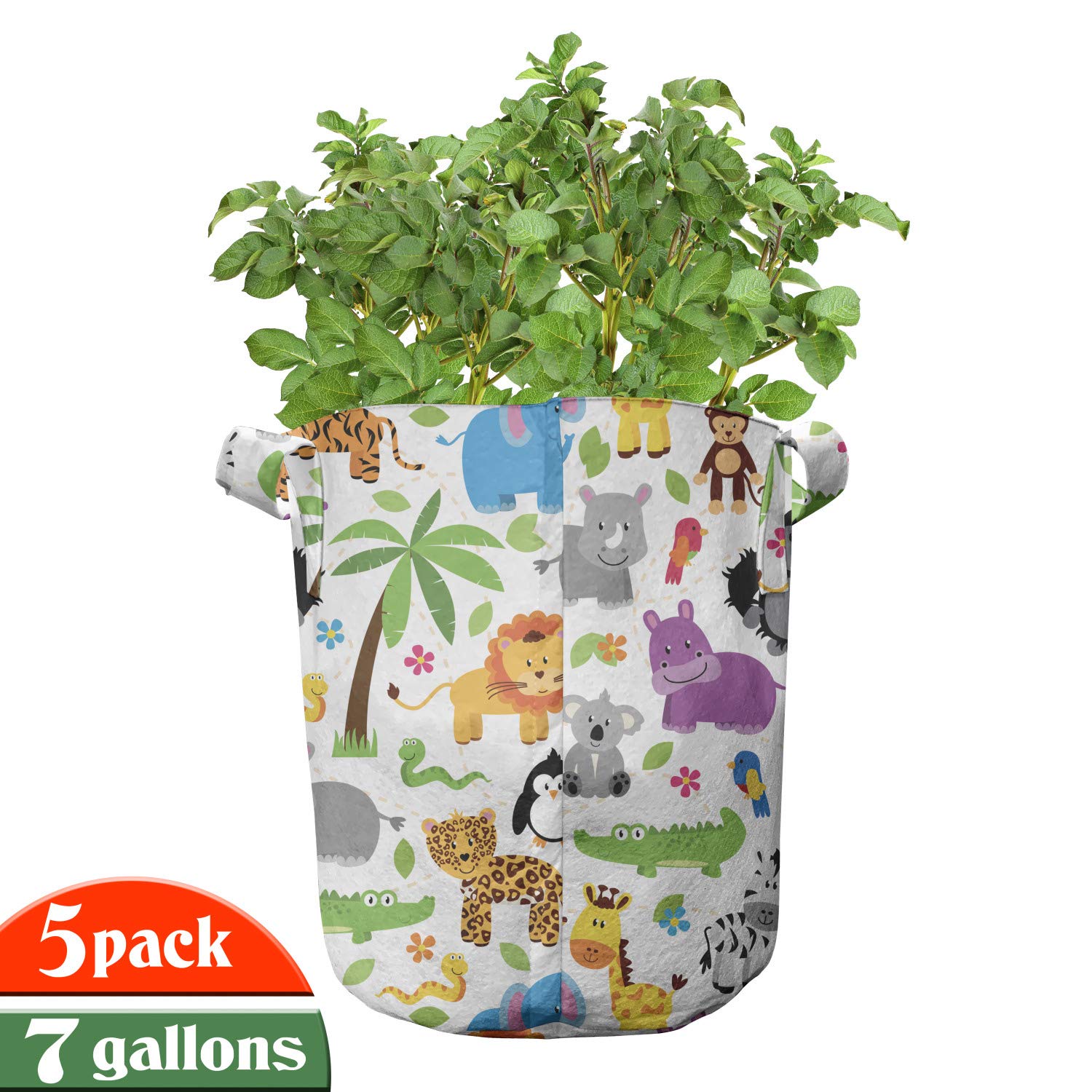 Lunarable 5-Pack Heavy Duty Animal Print Grow Bags with Handles - Jungle & Zoo Pattern Fabric Plant Pots for Indoor/Outdoor Gardening (Grey Purple) - Perfect for Vegetables, Herbs, Flowers & Home Garden Decor