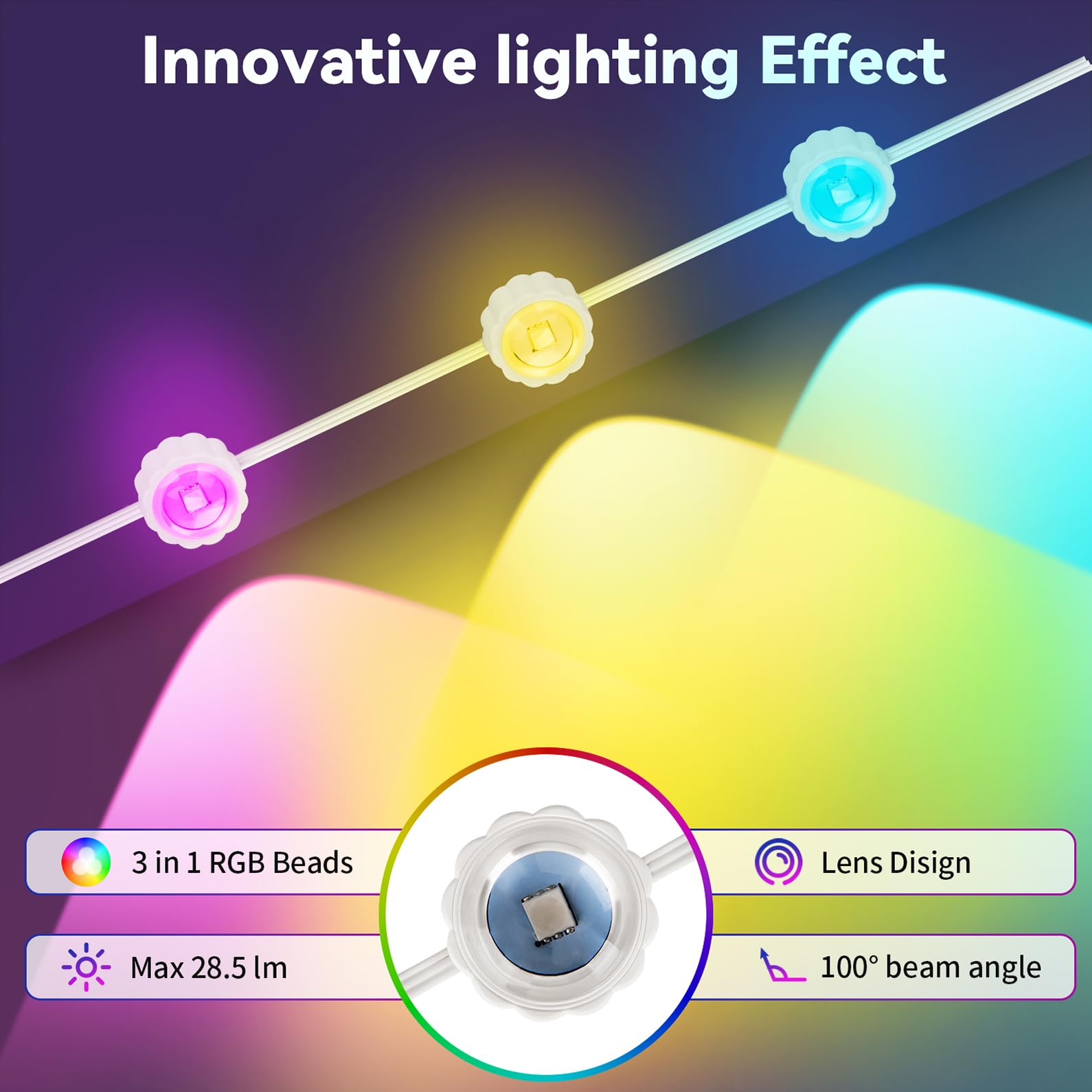104ft RGBIC Smart LED String Lights with 76 LEDs - Permanent Outdoor Downlights for Eaves, Compatible with Alexa & Google Assistant, Music Sync, APP/Voice/Remote Control - Perfect for Parties, Holiday Decorations, Backyard & Patio Lighting
