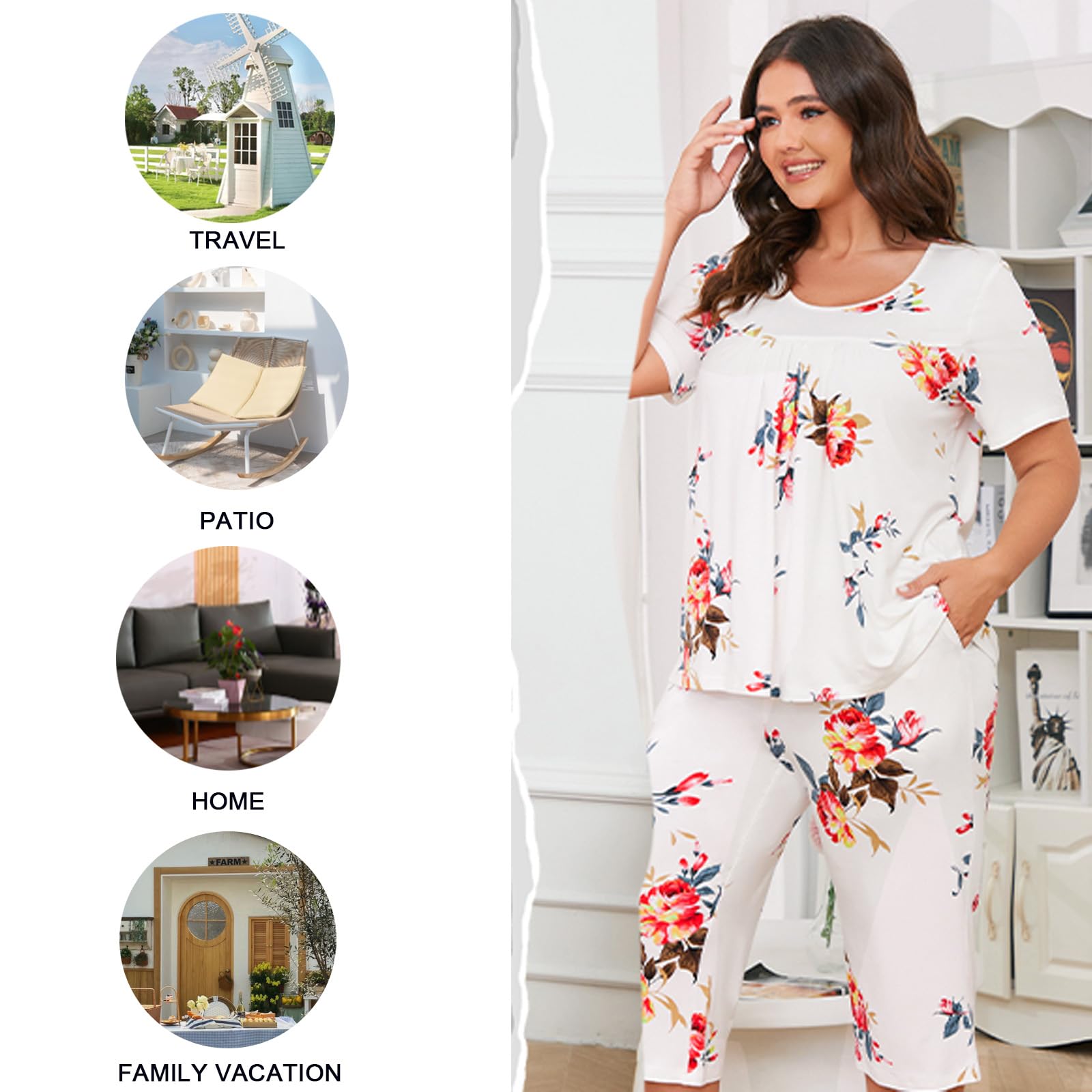 POPYOUNG Women's Summer Pajama Sets - 2 Piece Loungewear with Capri Pants & Pockets | Soft Sleepwear for Nighttime & Relaxation | Perfect for Home, Vacation & Sleepovers