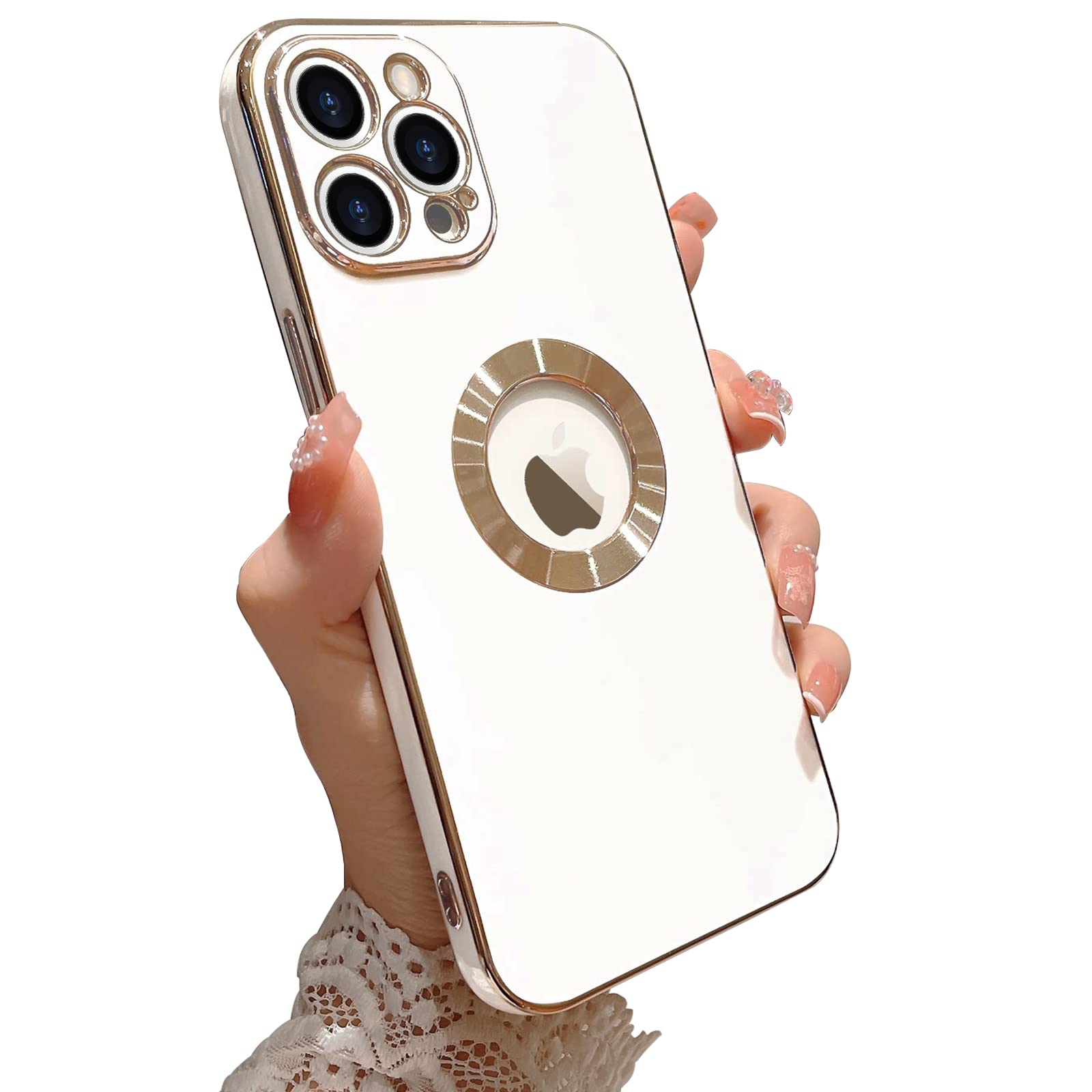 Luxury Bling Plating Shockproof Soft TPU iPhone 12 Pro Max Case - Cute Logo Window Design for Women & Girls, Camera Lens Protection, White | Perfect for Daily Use, Parties & Gifts
