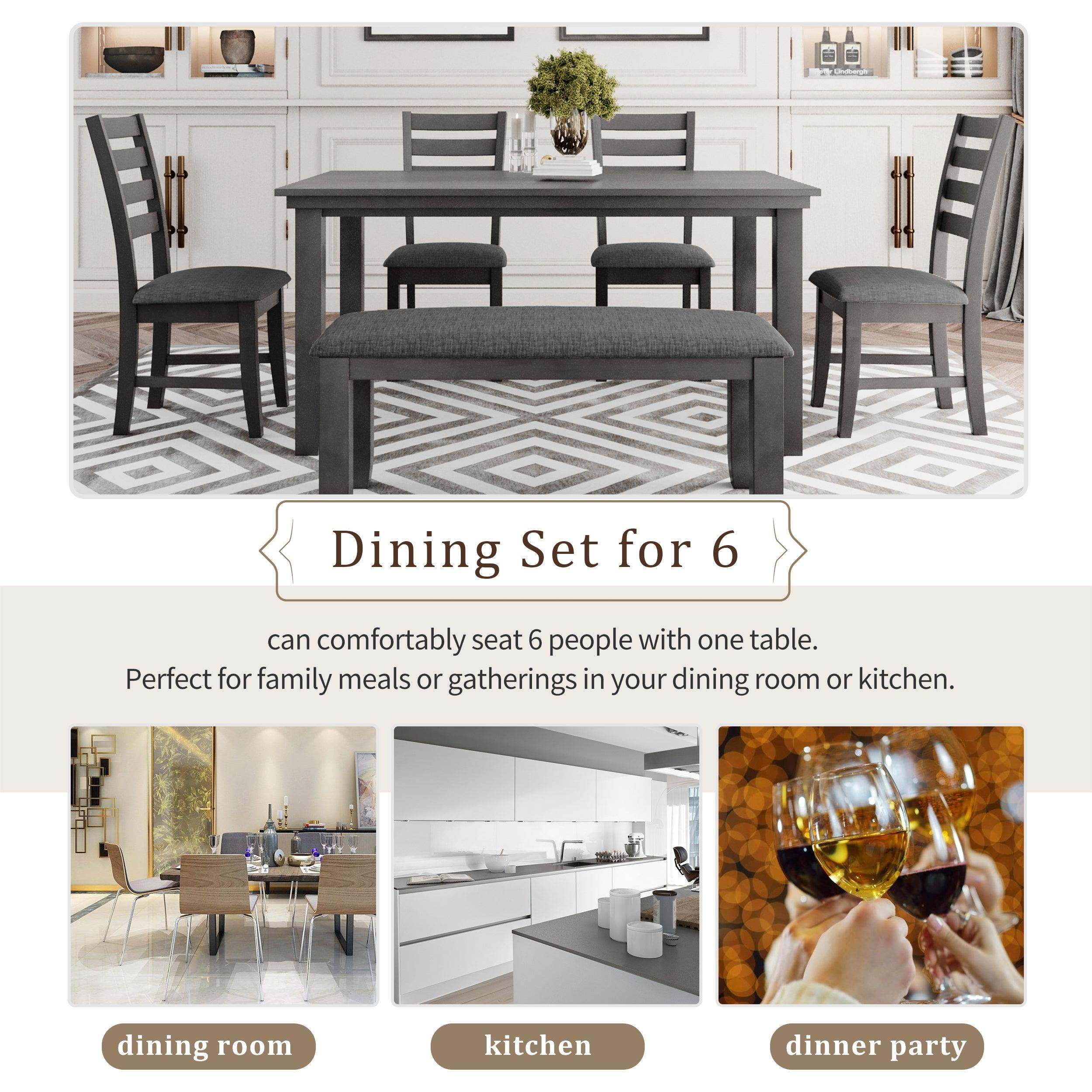 Rustic Wood Dining Room Table and Chairs Set with Bench - 6 Piece Gray Farmhouse Kitchen Furniture for Family Gatherings & Dinner Parties