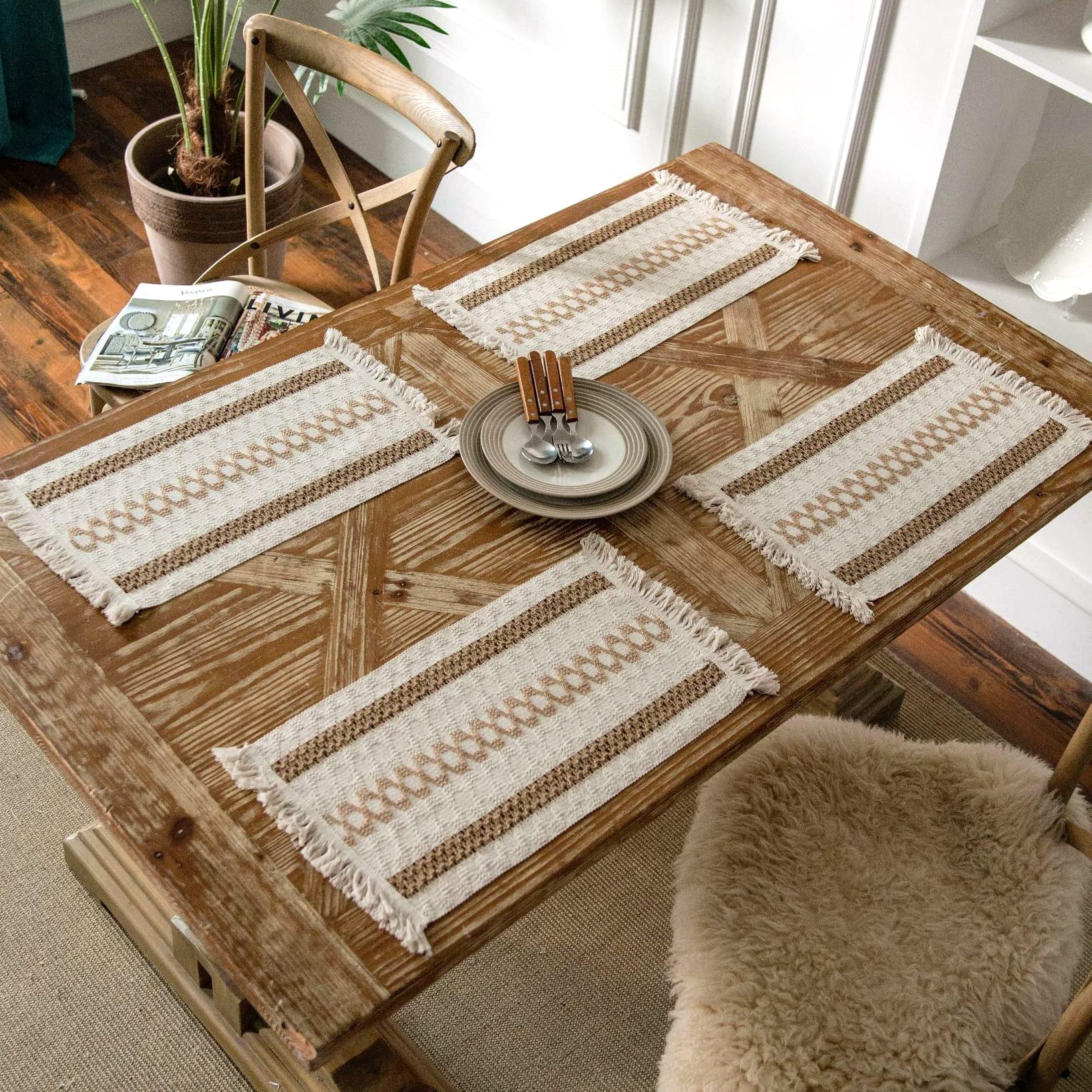 Set of 4 Bohemian Style Handmade Macrame Cotton Placemats - Rectangle Woven Jute Table Mats with Tassel Fringe for Farmhouse Dining, Coffee Table Decor & Kitchen Accessories | Perfect for Boho Home Decor, Dinner Parties & Rustic Tablescapes