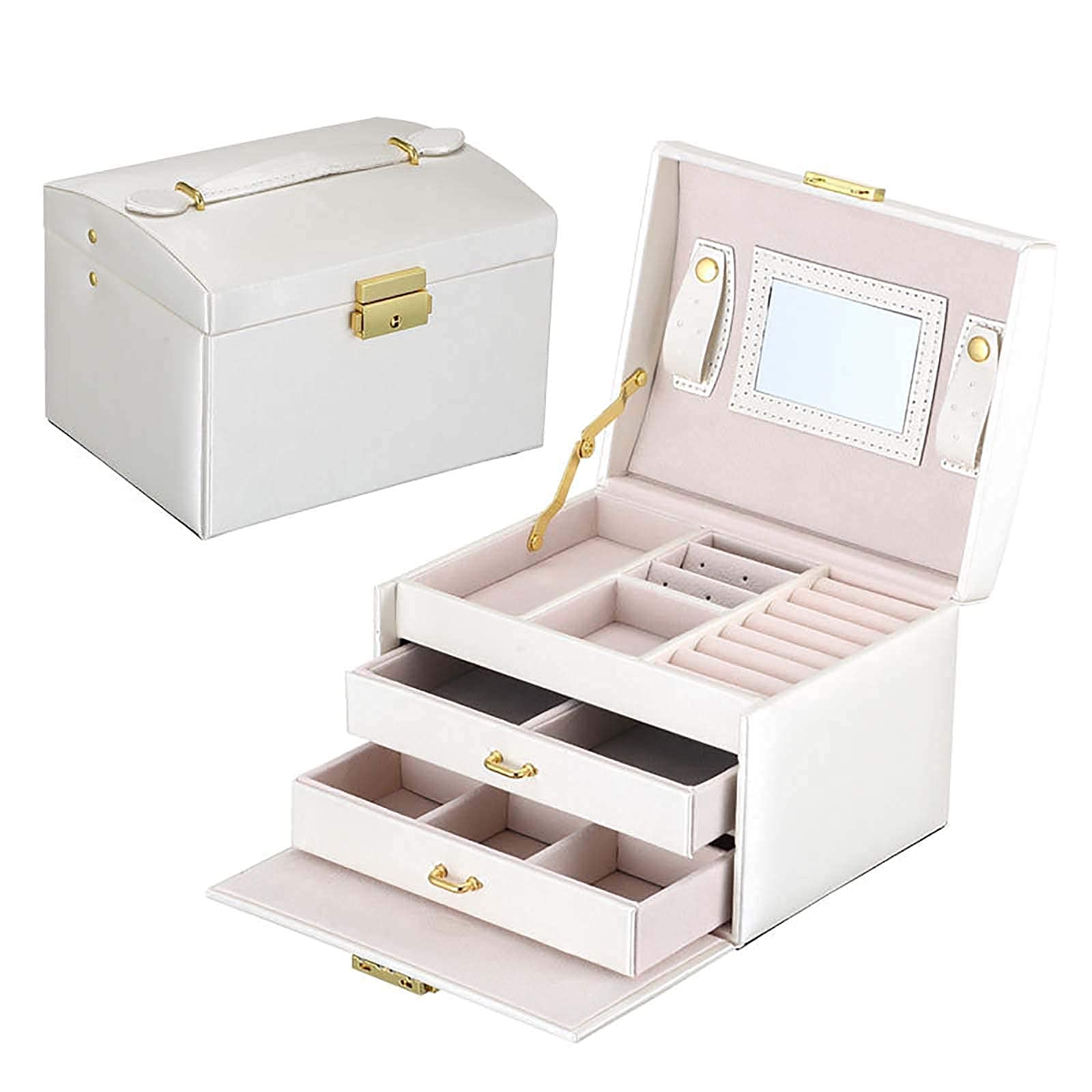 Premium PU Leather Jewelry Box with Mirror & Lock - 2 Drawers & 3 Layers Velvet Organizer for Rings, Bracelets, Earrings, Necklaces - Perfect Gift for Women - Ideal for Travel, Home Storage & Wedding Accessories (White)