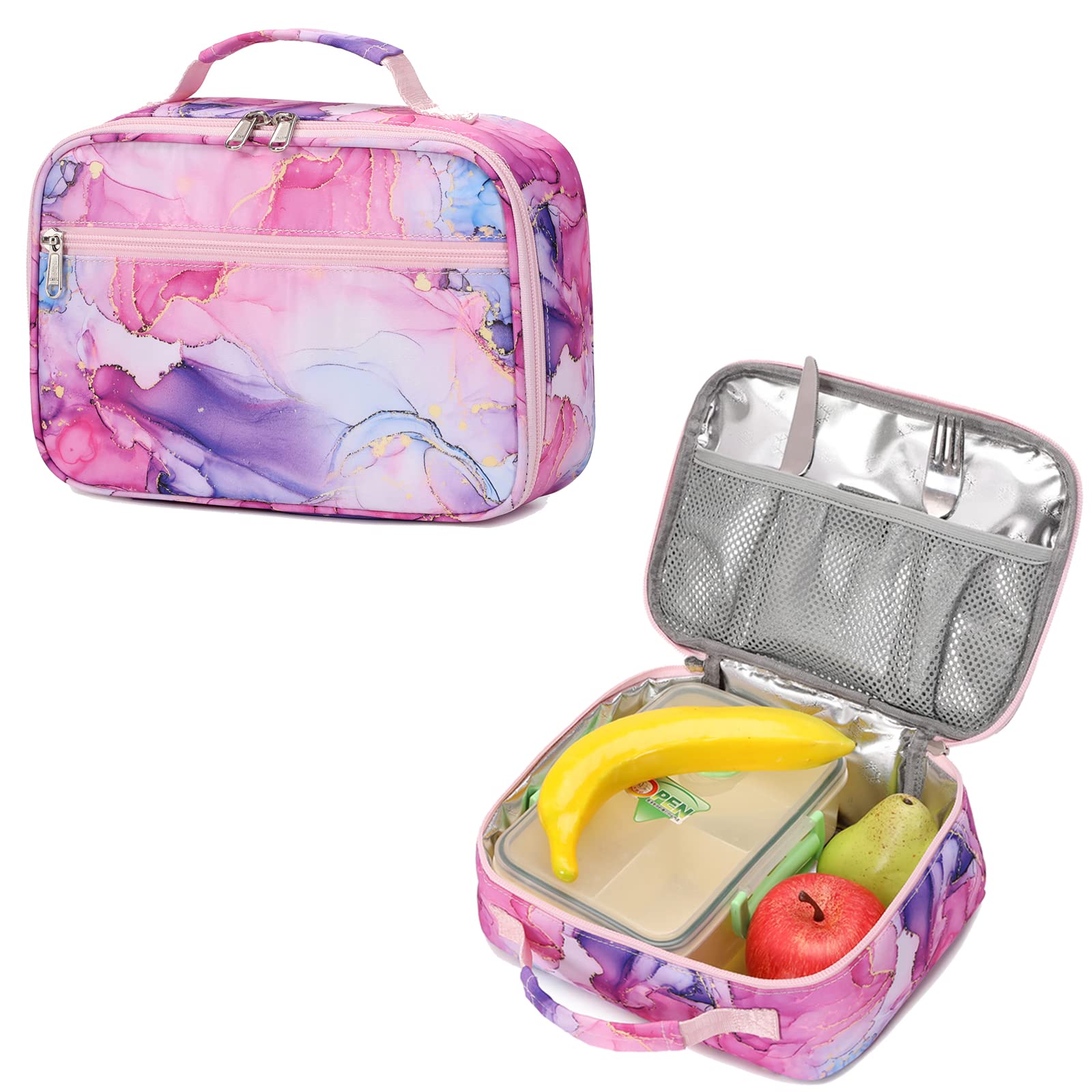 Stylish Marble Print Backpack for Girls - Waterproof School Backpack with Insulated Lunch Box Set - Cute Bookbag for Preschool, Elementary & Middle School Students - Perfect for Daily Use, Field Trips & Travel