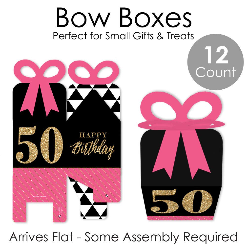Chic 50th Birthday Gift Boxes - Pink, Black & Gold - Set of 12 for Party Favors