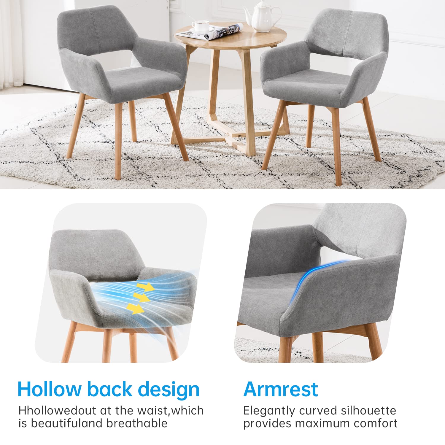 Modern Dining Chairs Set of 2 - Solid Wood Legs, Gray Kitchen & Living Room Armchairs for Home, Restaurant, Office - Comfortable Guest Seating for Dining Room, Bedroom, and Lounge Areas