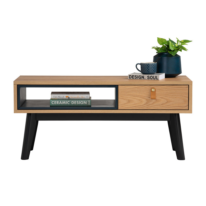 Modern 100cm CASTOR Coffee Table in Natural, Navy Blue & Black - Perfect for Living Room, Office, and Lounge Decor