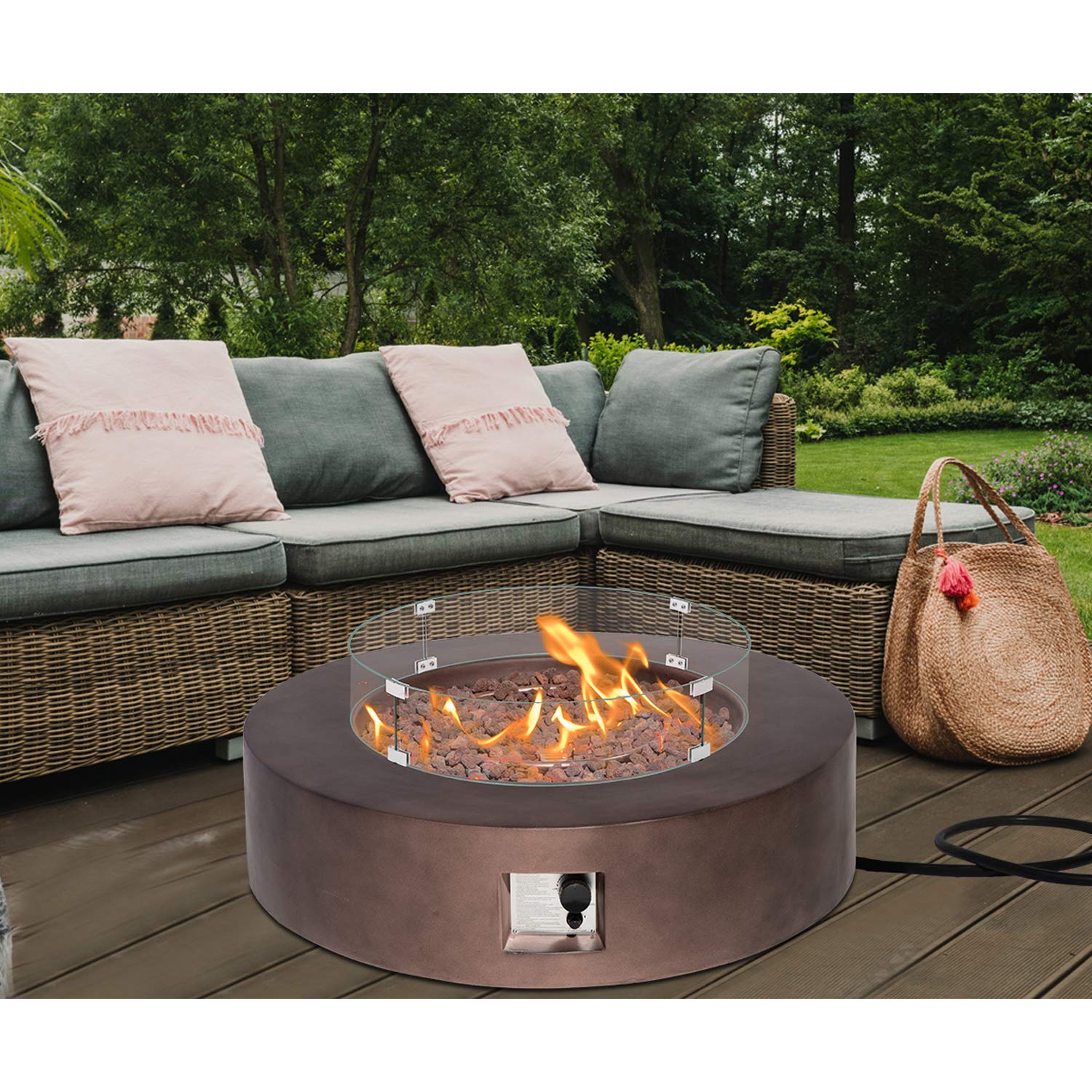 50,000 BTU 42-inch Round Bronze Concrete Propane Fire Pit Table with Wind Guard, Lava Rocks & Rain Cover - Outdoor Patio Heater for Backyard, Garden, Deck & Poolside Gatherings