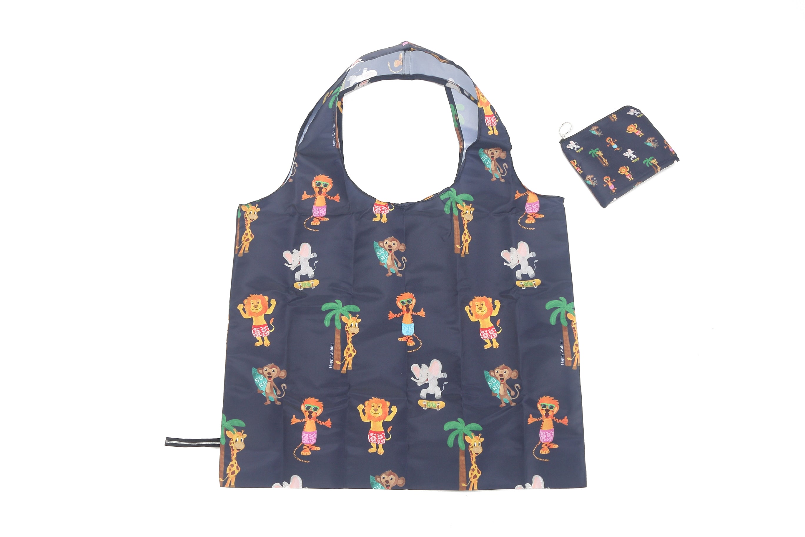 Foldable Reusable Shopping Bag with Zoo Animals Print - Navy Blue Eco-Friendly Grocery Tote for Groceries, Beach, Picnics & Travel