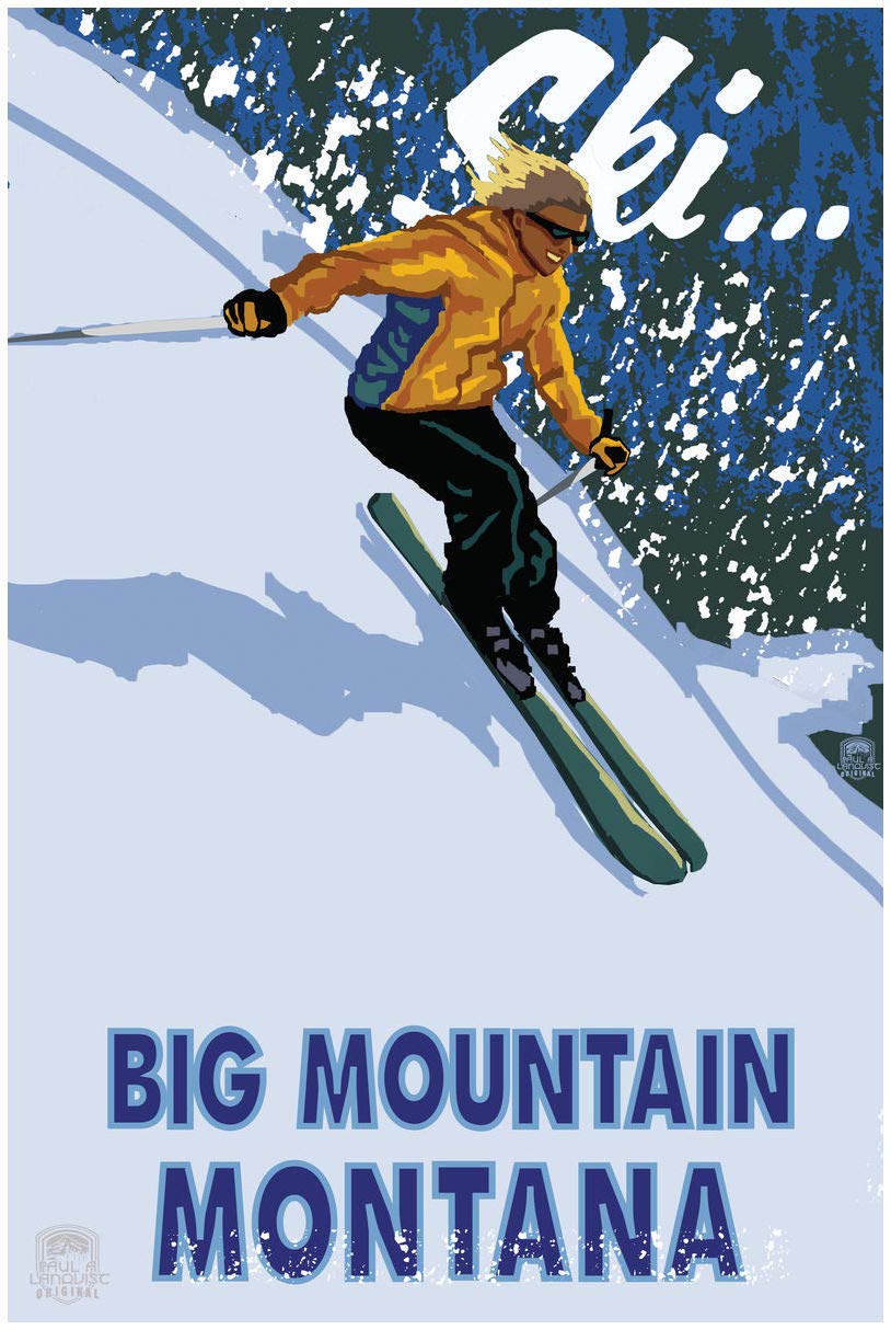 Big Mountain Downhill Skier Giclee Art Print Poster - 30x45 Inches - Premium Travel Artwork by Paul A. Lanquist - Perfect for Ski Lodge, Home Office & Mountain Cabin Decor