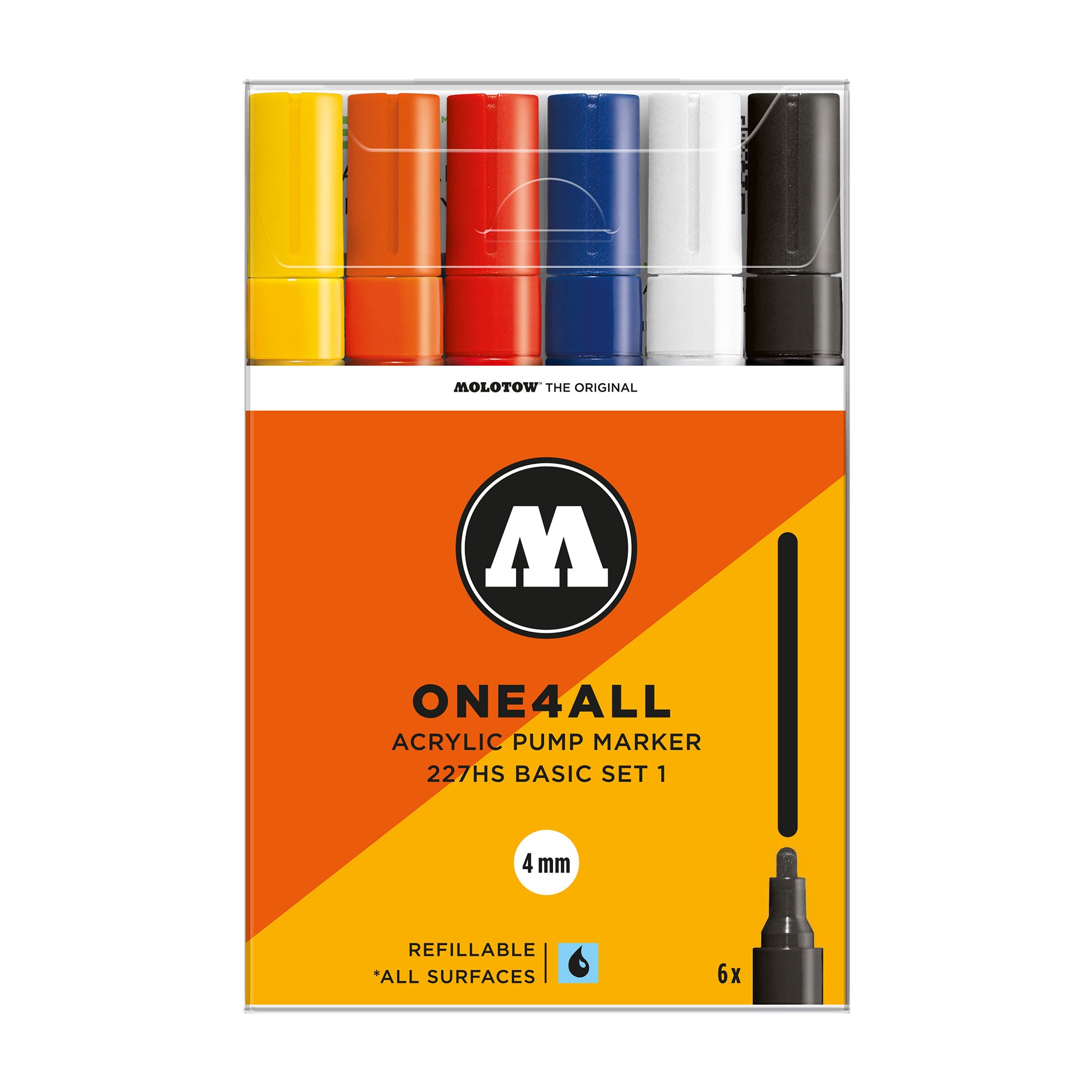 6 Pack One4All Markers 227HS - 4mm Fine Tip Permanent Markers, Basic Set 1 for Art, Office & School Projects - Ideal for Writing, Labeling & DIY Crafts