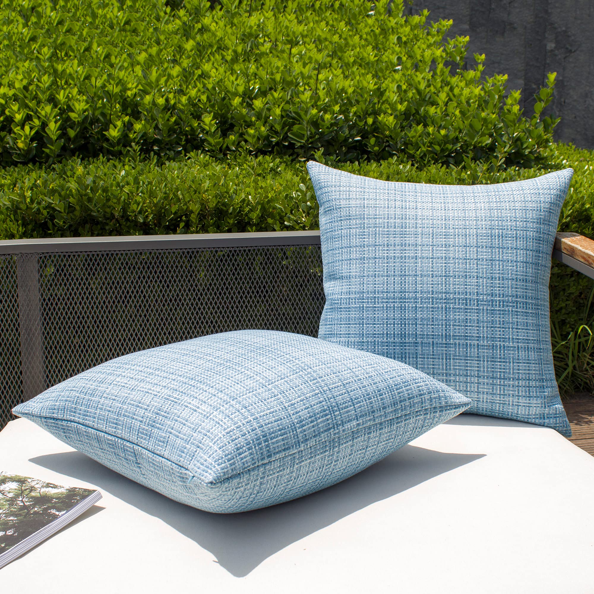 Kevin Textile 2-Pack Waterproof Outdoor Decorative Pillow Covers - 20x20 Inch Stripe Square Cushion Cases for Patio, Couch, Bench - Light Blue - Weatherproof & UV Resistant for Garden, Poolside, and Porch Use