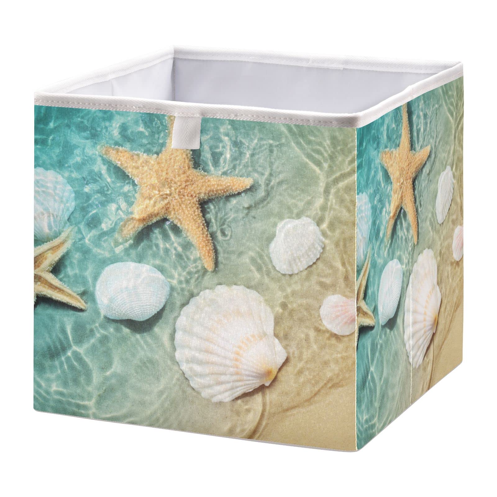 Foldable Storage Basket - 11x11x11 Inch Cube Bin for Shelves, Closet & Laundry | Summer Beach Decor with Seashell & Starfish Design | Perfect for Nursery, Bedroom & Home Organization