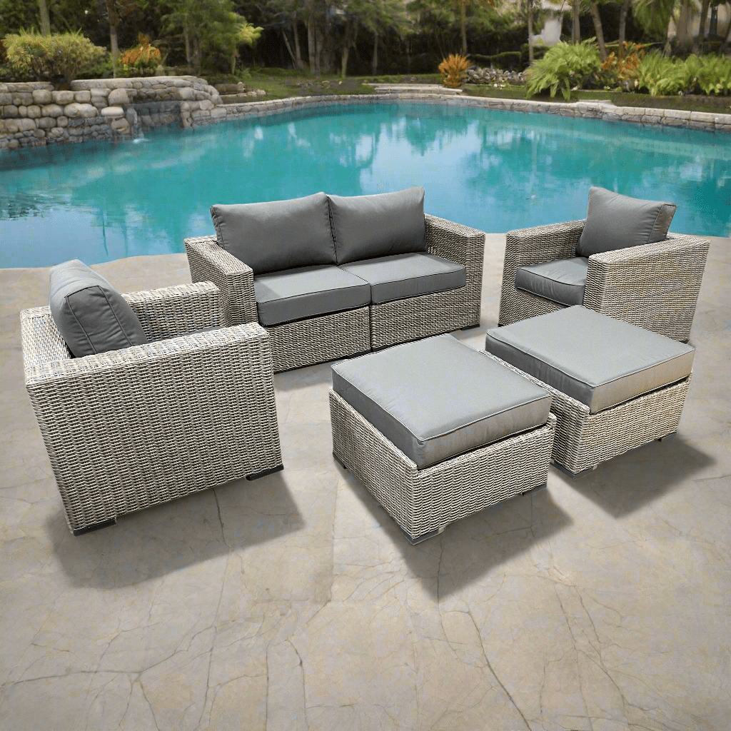 Riviera Outdoor Patio Wicker Loveseat Set - 2 Club Chairs & 2 Ottomans with Sunbrella Cushions in Grey & Charcoal | Perfect for Backyard, Garden, Poolside & Deck Relaxation