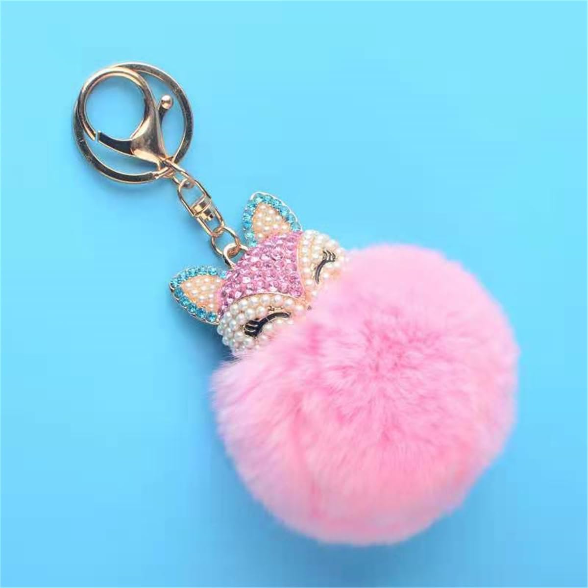 Fox & Rabbit Fur Pom Pom Keychain for Women - Crystal Rhinestone Diamond Car Keychain - Stylish Gift for Purse, Bag, Keys & Everyday Use