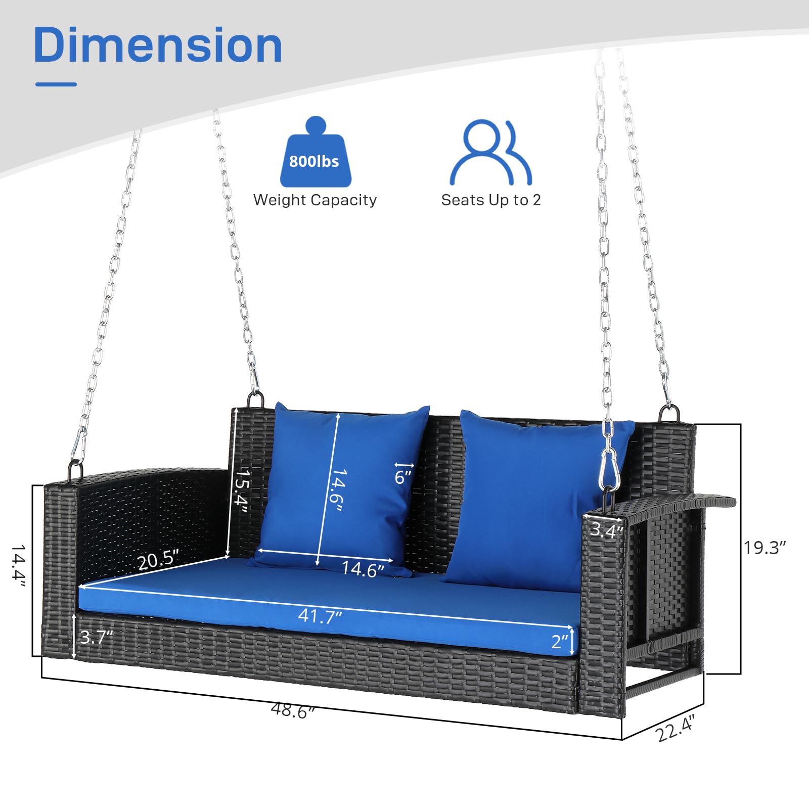 Outvita 2-Person Wicker Porch Swing with Cushion & Pillow - 800 lb Capacity Outdoor Hanging Bench for Patio, Garden, Backyard - Perfect for Relaxing, Reading & Enjoying Nature (Blue)