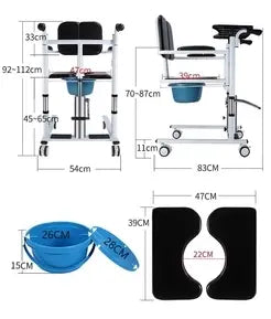 CalCare 4-Wheel Hydraulic Patient Transfer Commode Chair - Adjustable Height, Multifunctional Medical Shower Toilet for Elderly & Disabled - Home & Hospital Use