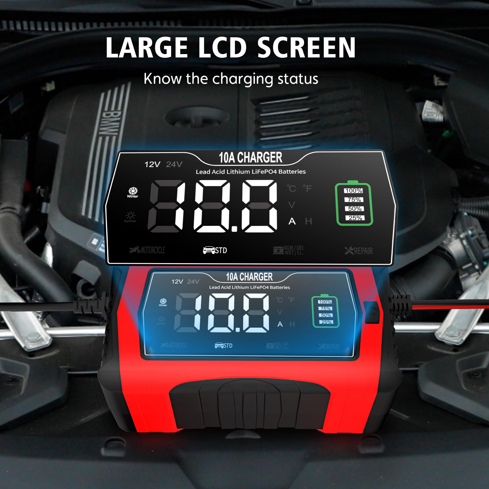 10-Amp 12V/24V Smart Car Battery Charger & Maintainer - Trickle Charger for Automotive, SUV, Motorcycle, Boat - Compatible with Lead-Acid, Lithium & LiFePO4 Batteries - Perfect for Winter Storage & Long-Term Vehicle Maintenance