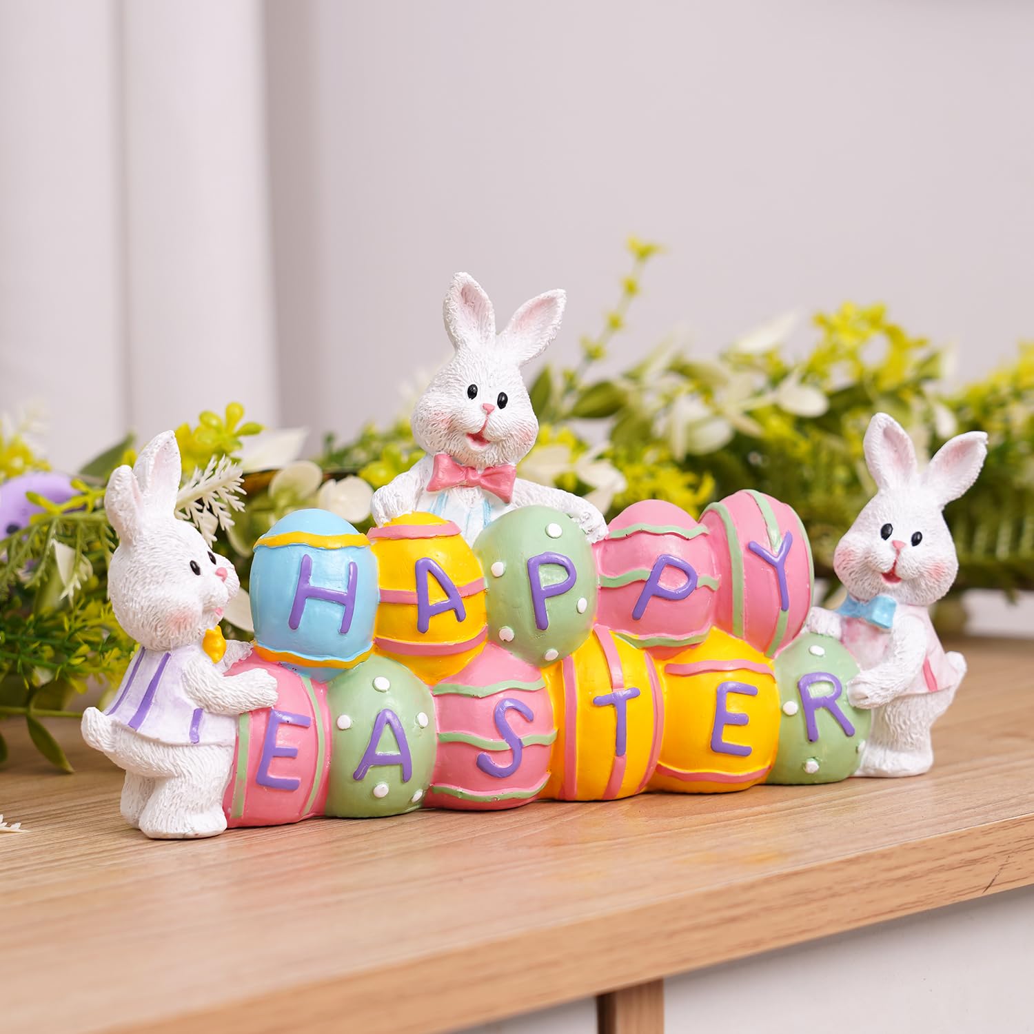 Easter Bunny Figurine with Eggs - Resin Easter Decorations for Spring, Home, Office & Party | Happy Easter Tabletop Centerpiece for Festive Decor