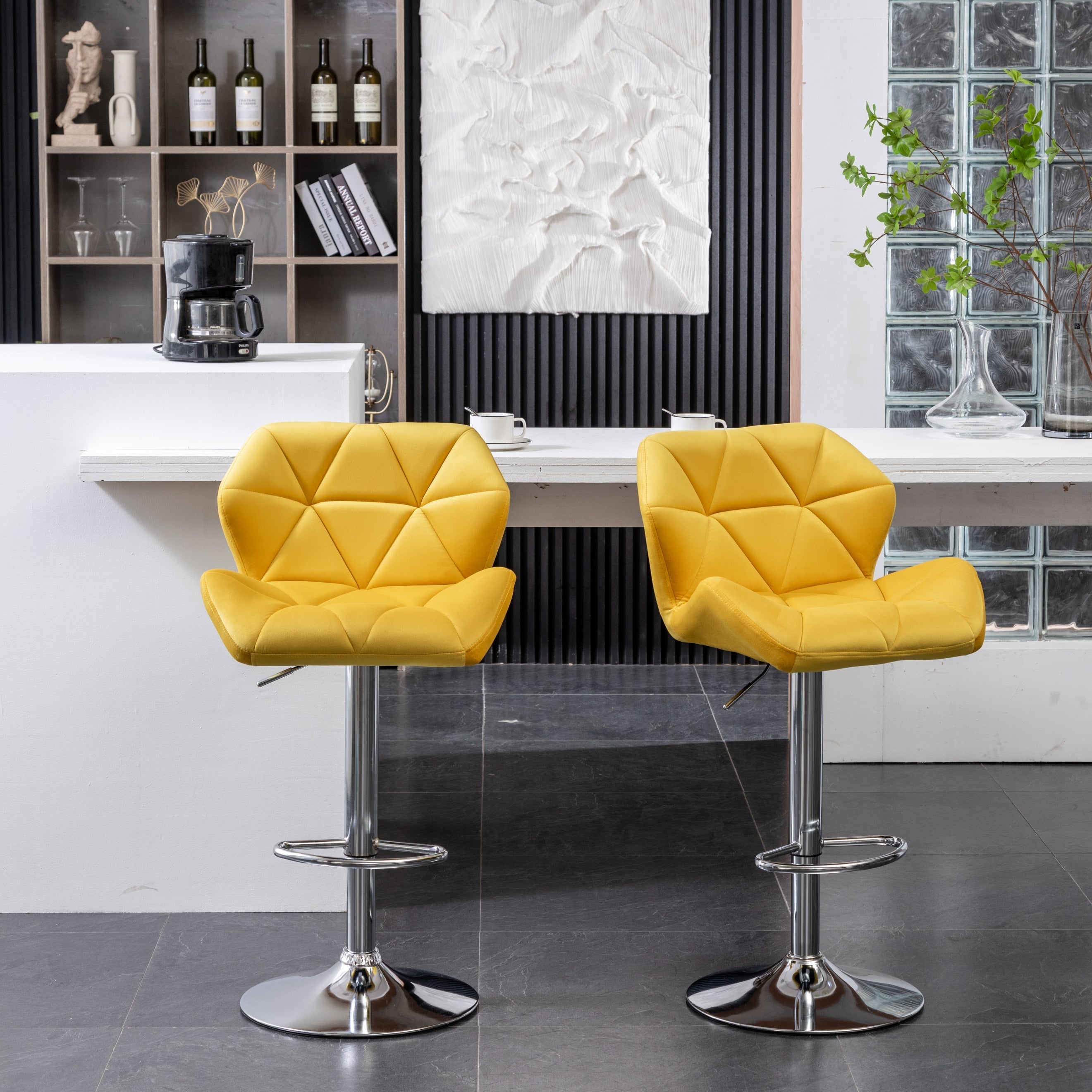 Roundhill Furniture Breni Velvet Diamond Tufted Swivel Adjustable Height Bar Stool - Yellow (Set of 2) - Perfect for Kitchen Island, Home Bar & Breakfast Nook