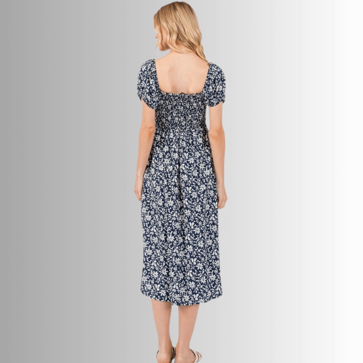 Delilah Navy Blue Floral Smocked Midi Dress for Women | Summer Casual Dress with Puff Sleeves | Perfect for Beach Vacations, Brunch Dates & Garden Parties