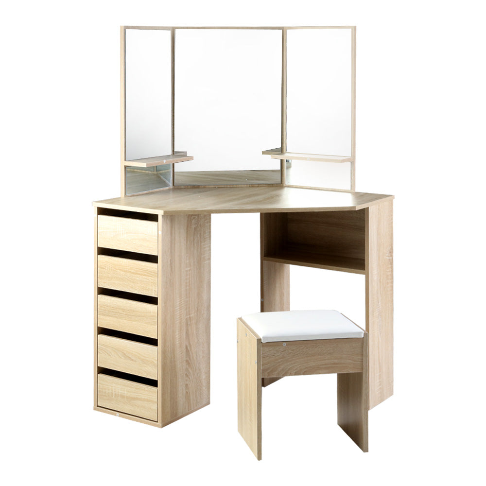 Oak Makeup Vanity Set - Corner Dressing Table with Mirror & Stool, Elegant Makeup Desk Chair for Bedroom, Bathroom or Dressing Room