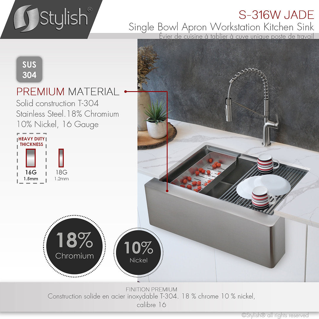 Stylish 30-Inch JADE S 316L Farmhouse Single Bowl Stainless Steel Apron Kitchen Sink with Accessories - Perfect for Modern Farmhouse & Rustic Style Kitchens