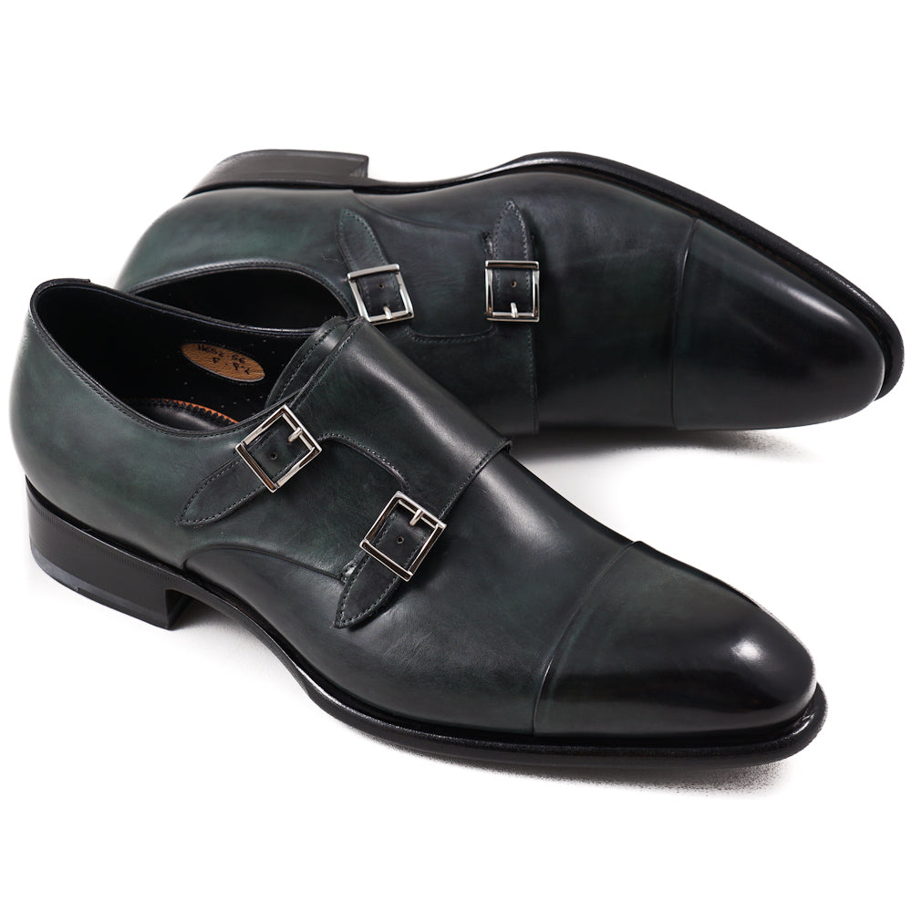 Santoni Dark Green Double Buckle Monk Strap Dress Shoes for Men - Premium Leather Formal & Business Attire for Office, Weddings & Special Occasions