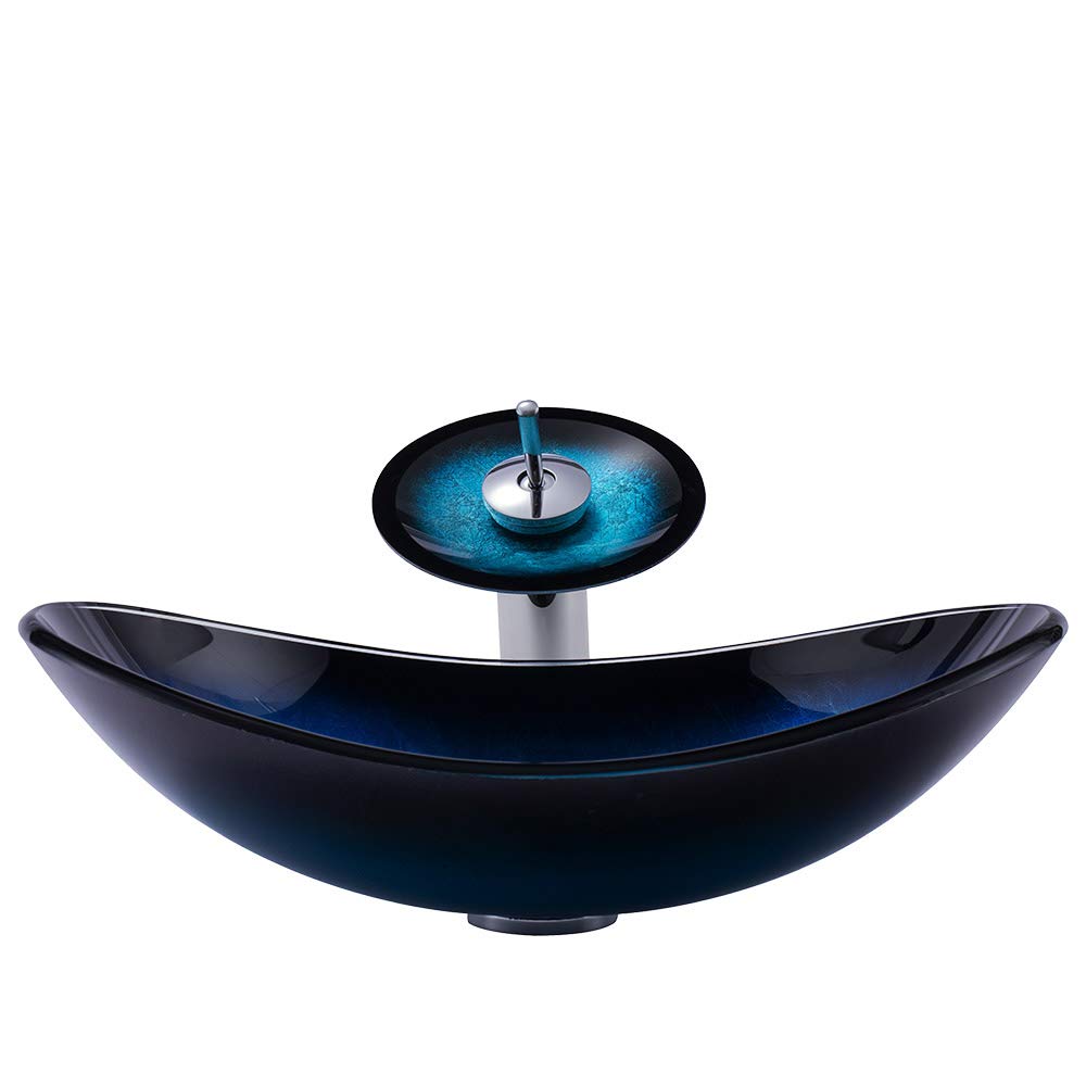 Modern Ocean Blue Tempered Glass Bathroom Vessel Sink with Pop-Up Drain - Artistic Vanity Countertop Installation for Contemporary Bathrooms - Perfect for Spa-Like Master Baths and Luxury Powder Rooms
