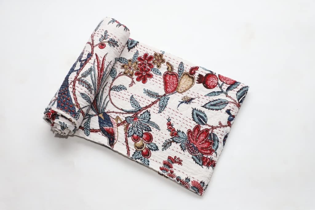 YUVANCRAFTS Indian Handmade Floral Print Kantha Quilt - Queen Size Cotton Bedspread, Lightweight Blanket & Throw Cover (White) | Boho Chic Bedroom Decor, Cozy Living Room Accent, Perfect Gift for Housewarming