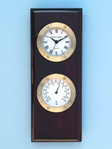 Brass Binnacle Wall Clock with Thermometer - Nautical Piano Finish Weather Station for Home, Office & Boat Decor
