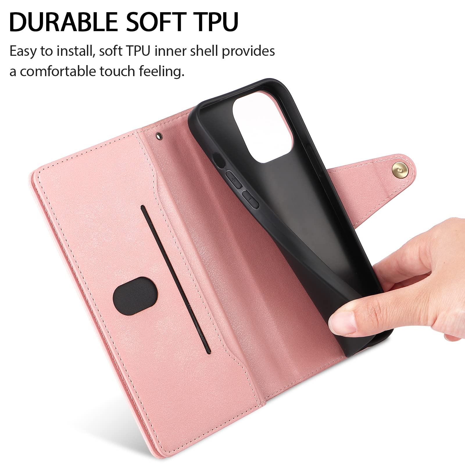 Premium PU Leather Wallet Case for iPhone 13 (6.1 Inch) with Card Slots, Magnetic Closure & Kickstand - Shockproof Flip Cover with Wrist Strap - Perfect for Daily Use, Travel & Hands-Free Viewing (Pink)