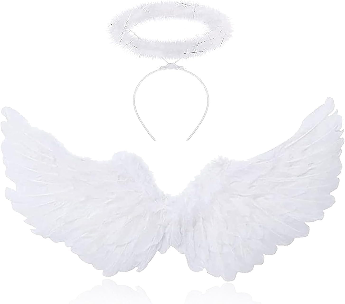 YeahBoom 60cm White Angel Wings with Halo - Feather Angel Wings for Women & Girls - Perfect for Halloween, Cosplay, Costume Parties, Christmas Pageants & Photo Shoots