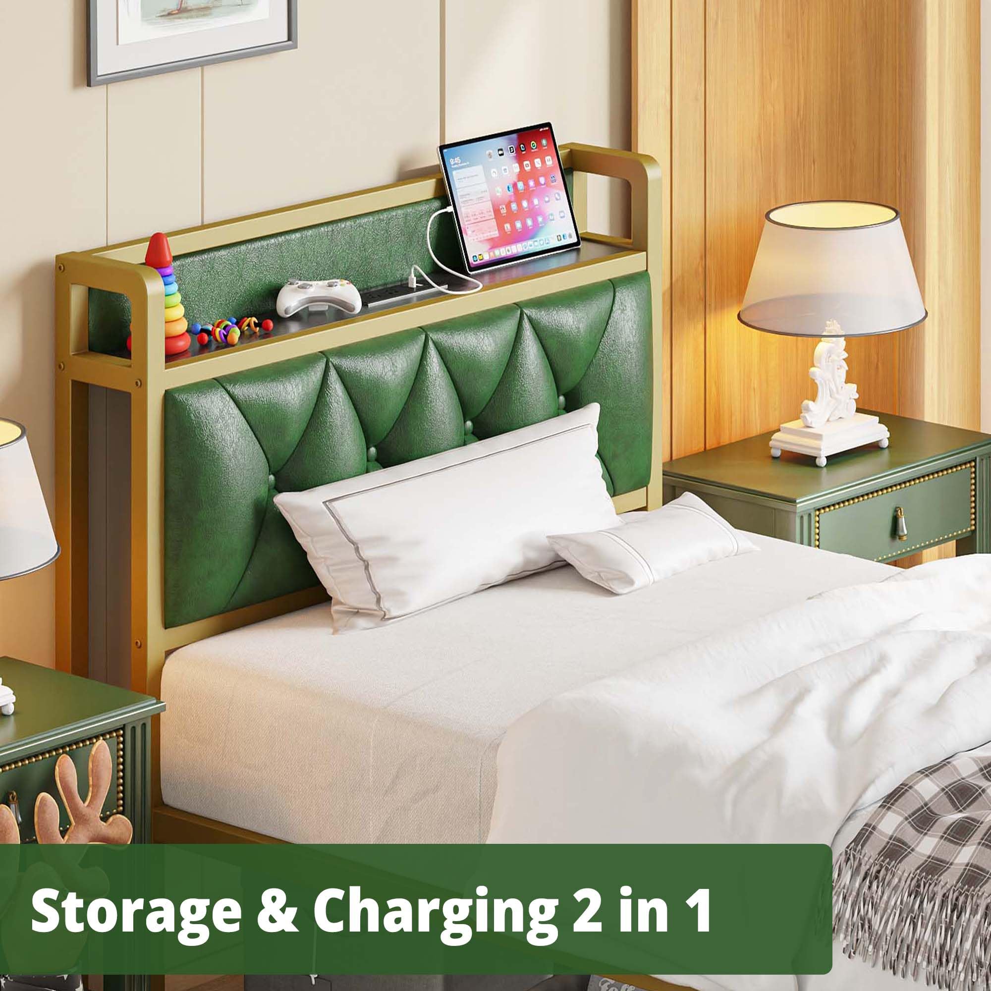 ANCTOR Twin Bed Frame with Storage Headboard & USB Outlets - Easy Assembly, Sturdy Metal Platform Bed, No Box Spring Needed, Quiet & Stable - Perfect for Small Spaces, Dorms, Guest Rooms & Apartments (Emerald Green)