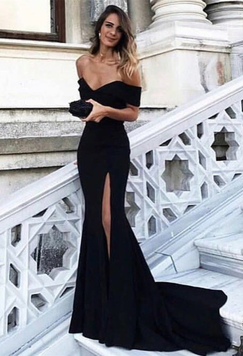 Elegant V-Neck Off-Shoulder Mermaid Prom Dress with High Leg Slit - Sexy Evening Gown for Homecoming, Wedding, and Special Occasions